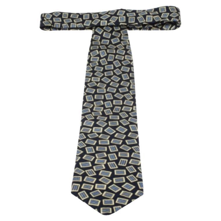 Brioni Vintage Marineblau & Gelb Bedruckte Seidenkrawatte Traditionell im Angebot