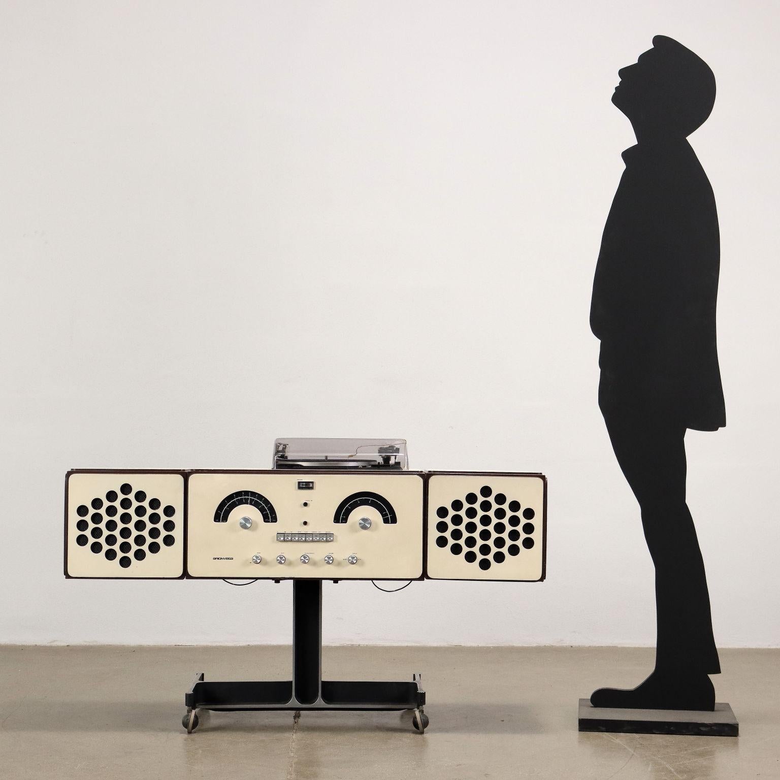 Iconic radiophonograph model 'RR126' designed by the brothers Achille and Pier Giacomo Castiglioni; body and cases in wood and support in cast aluminum.