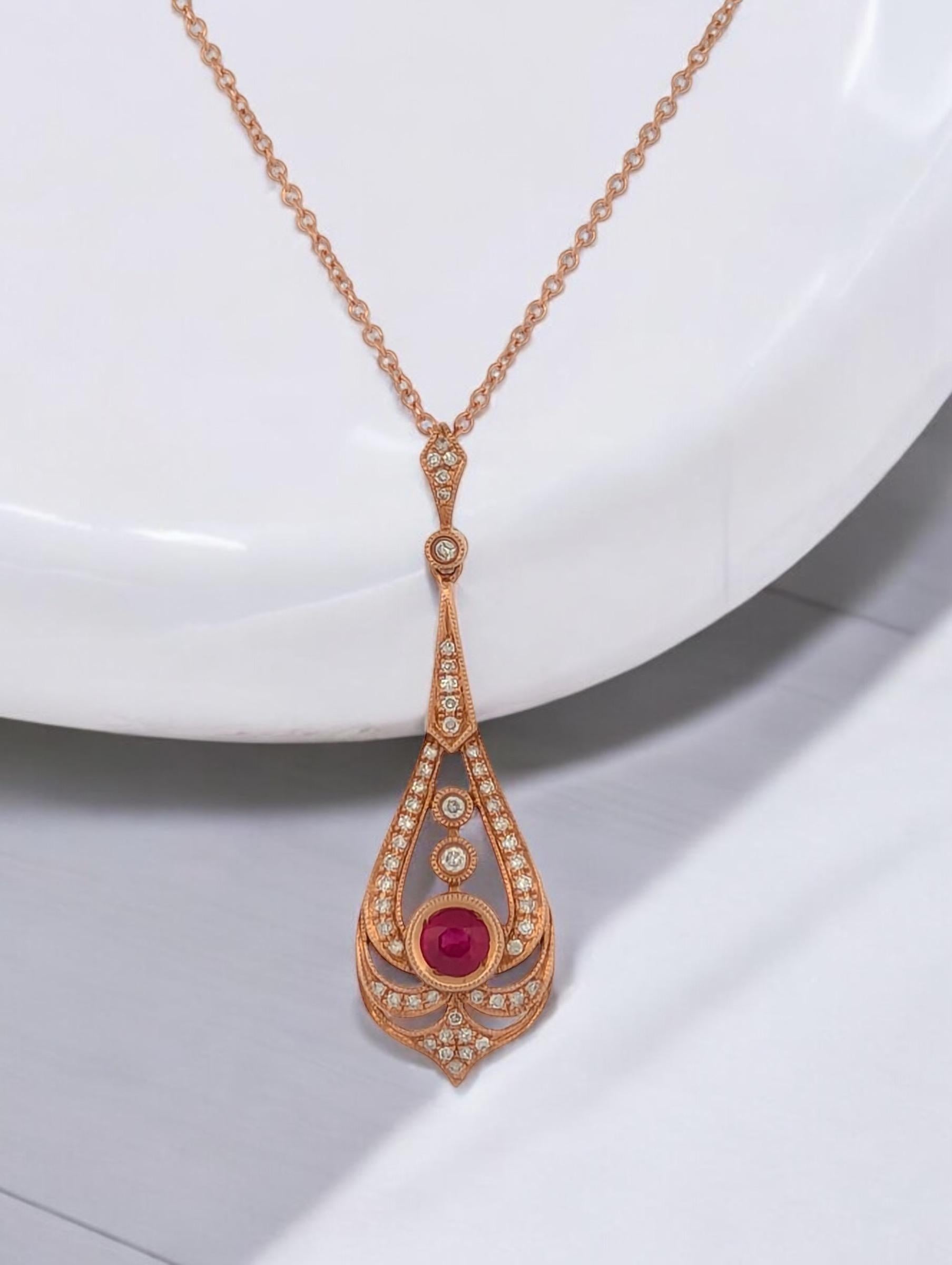 The Briony Necklace is a stunning expression of elegance, featuring a radiant ruby gemstone set in 14K rose gold, accented with sparkling diamonds for a touch of brilliance. This luxurious piece is perfect for special occasions or as a timeless