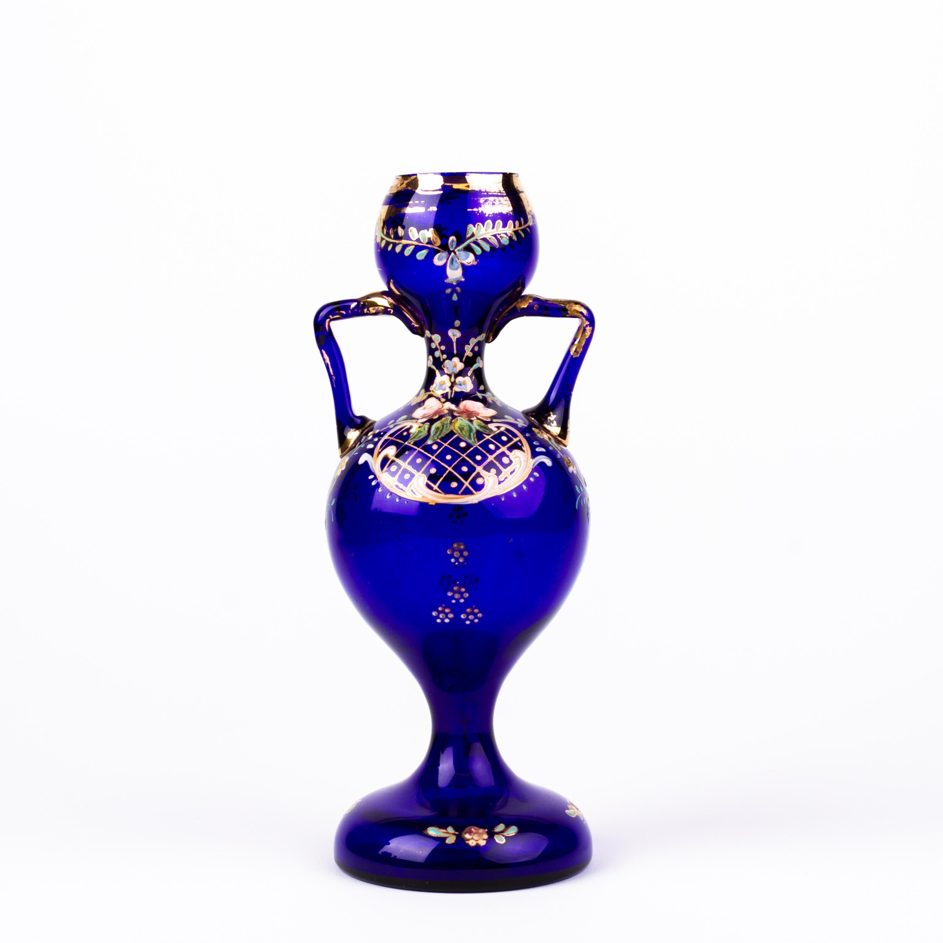 Bristol Blue Enamel Painted Glass Art Nouveau Vase In Good Condition In Nottingham, GB
