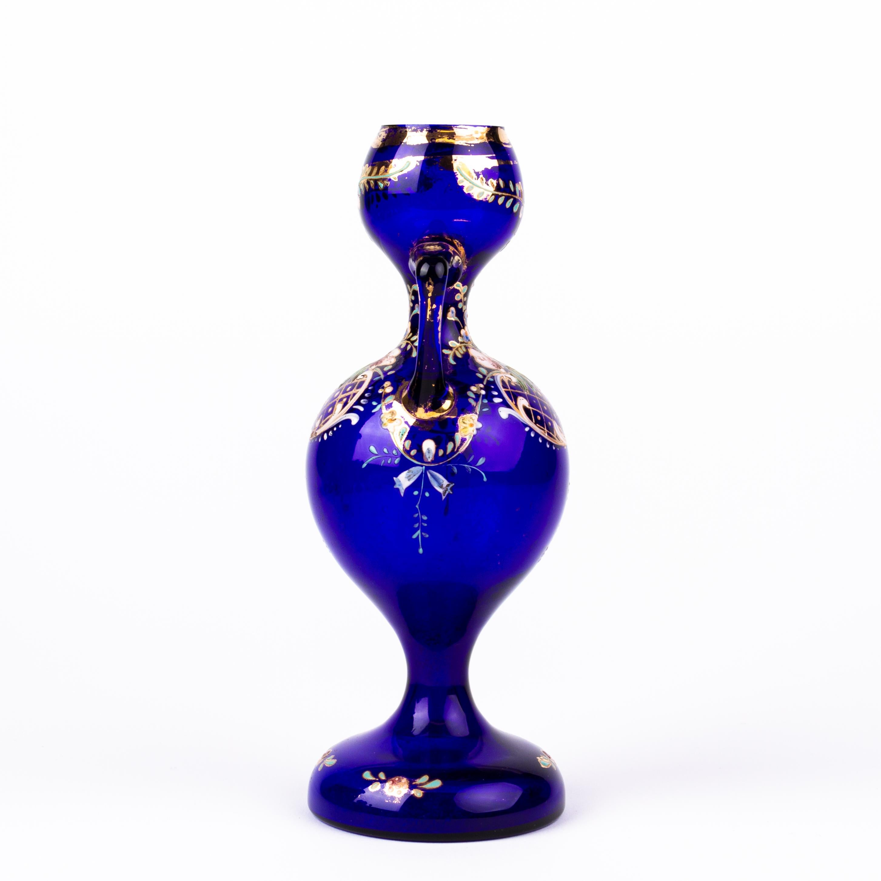 19th Century Bristol Blue Enamel Painted Glass Art Nouveau Vase