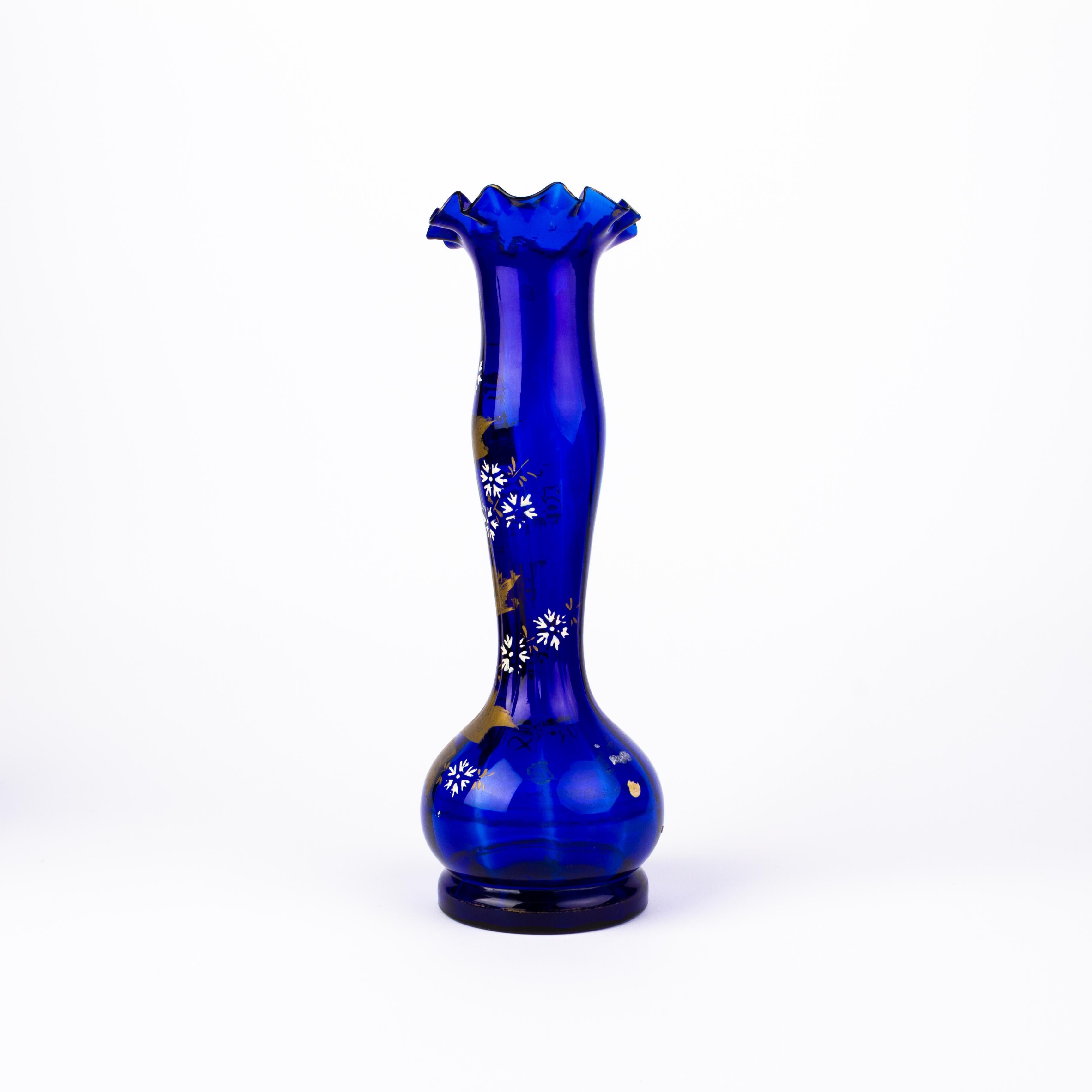 19th Century Bristol Blue Enamel Painted Glass Art Nouveau Vase