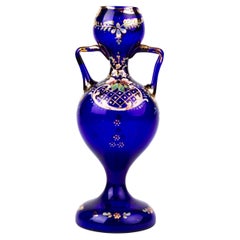 Antique Bristol Blue Enamel Painted Glass Art Nouveau Vase