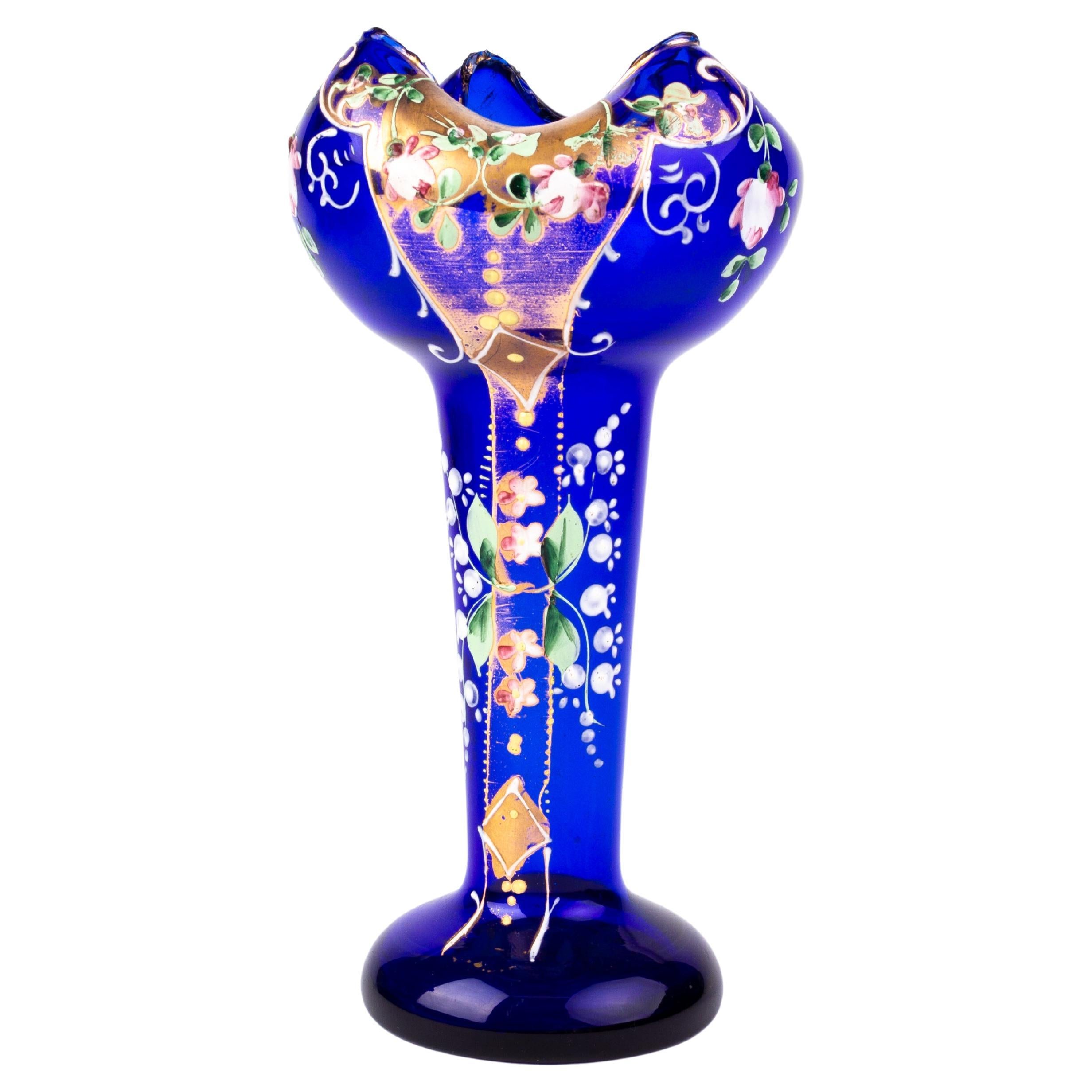 Bristol Blue Glass Jugendstil Vase mit Emaille bemalt