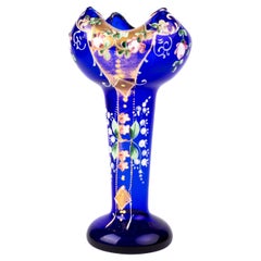 Bristol Blue Enamel Painted Glass Art Nouveau Vase