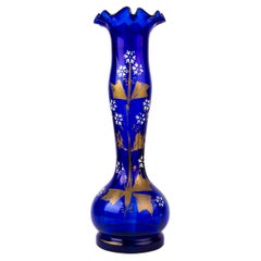 Antique Bristol Blue Enamel Painted Glass Art Nouveau Vase