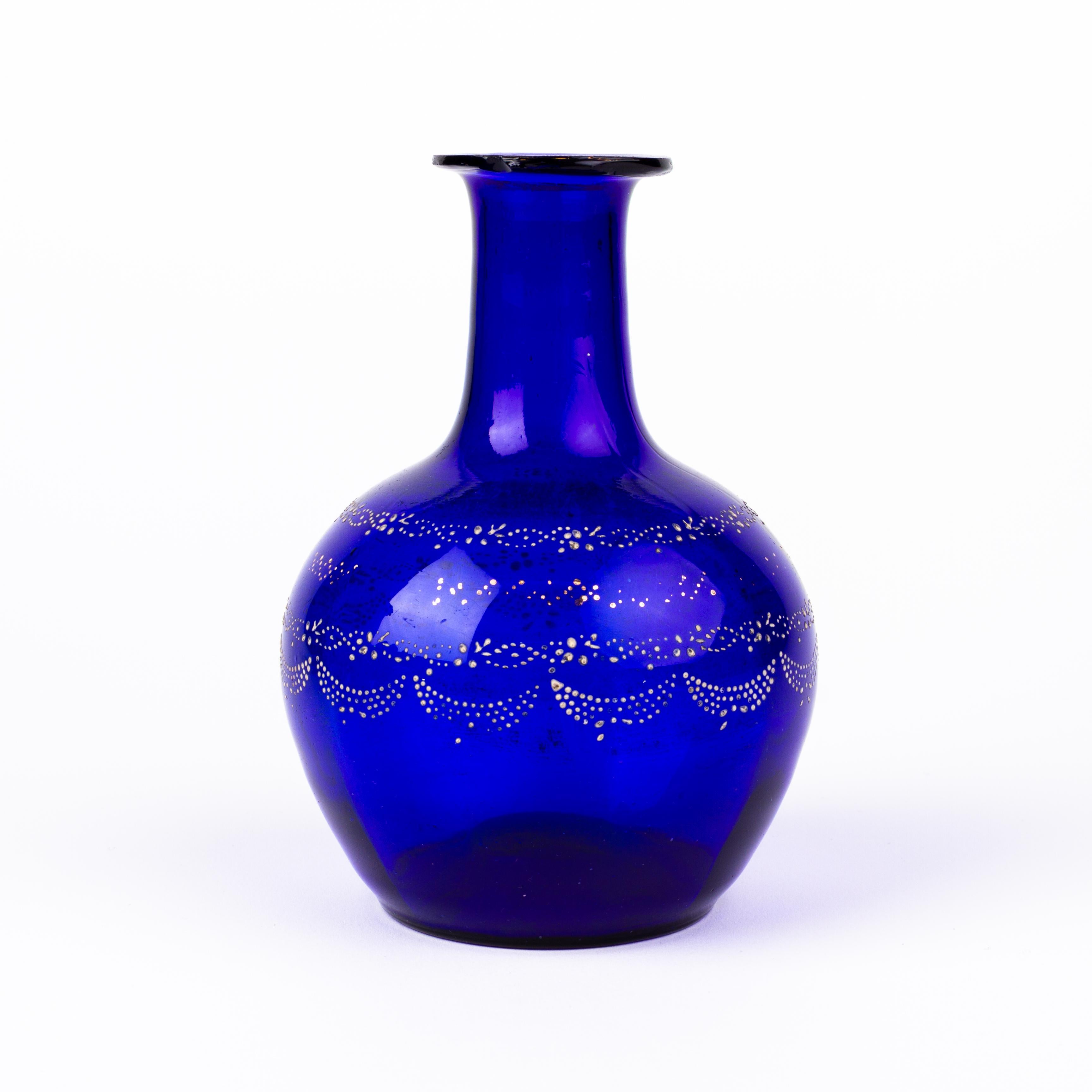 Bristol Blue Enamel Painted Glass Bottle Vase In Good Condition In Nottingham, GB