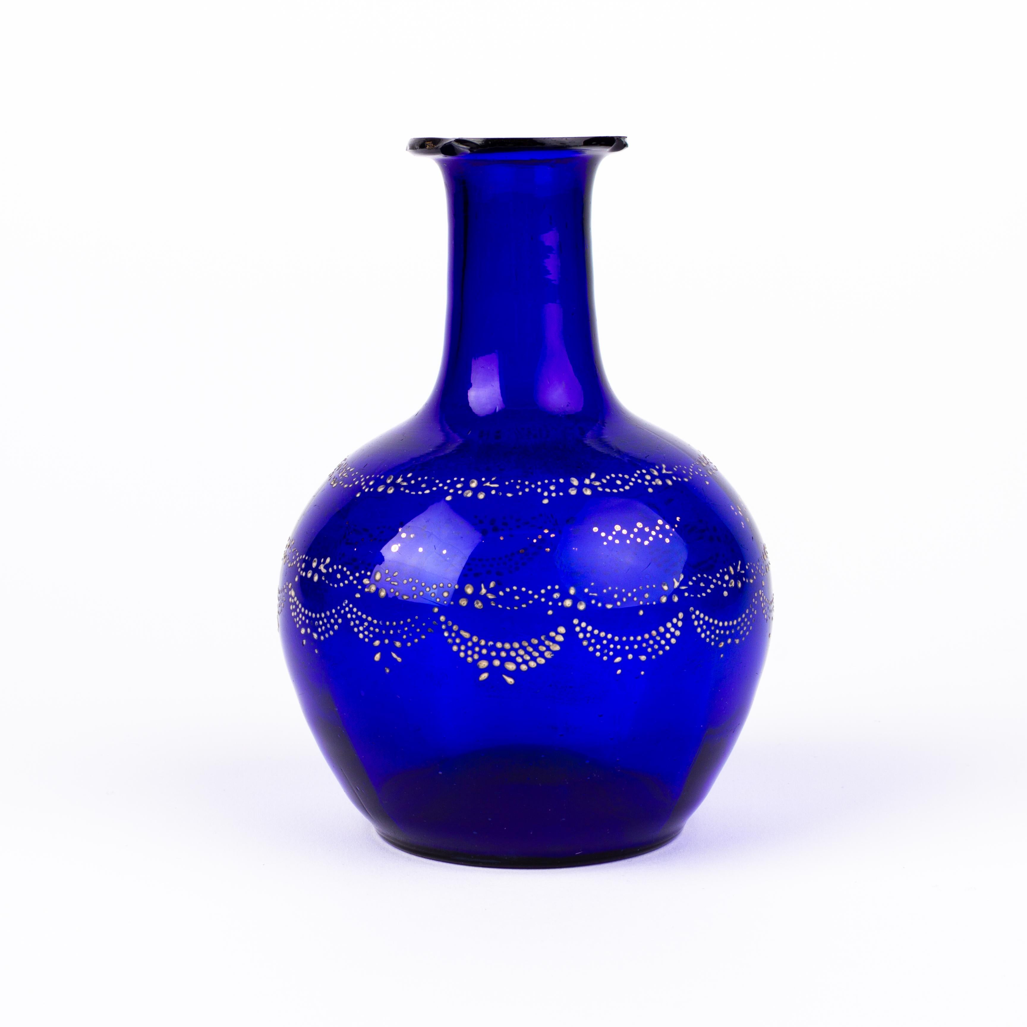 19th Century Bristol Blue Enamel Painted Glass Bottle Vase