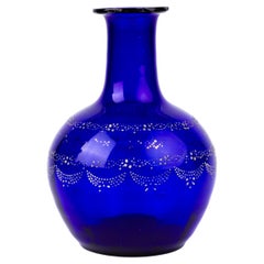 Antique Bristol Blue Enamel Painted Glass Bottle Vase