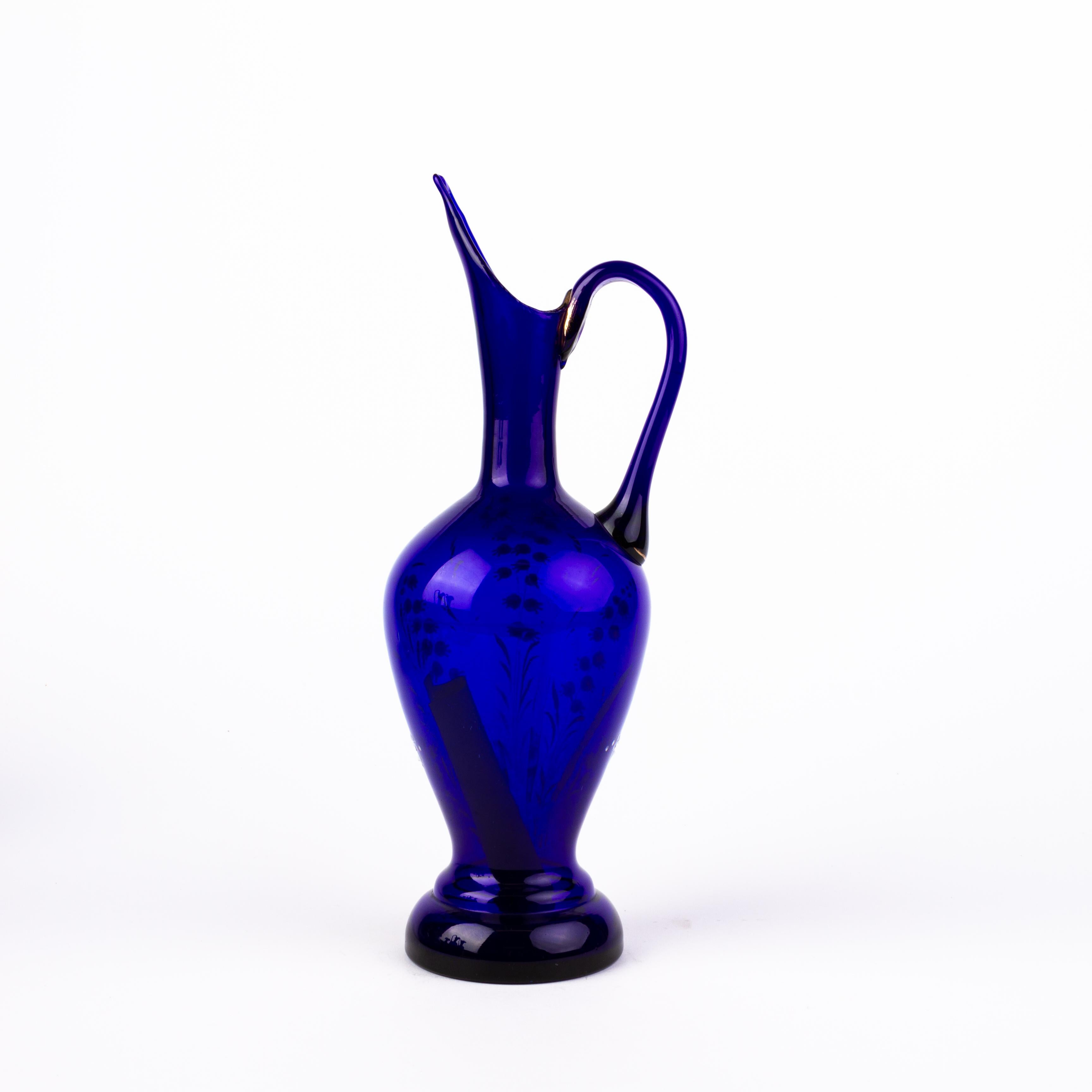 Bristol Blue Victorian Enameled Glass Ewer 19th Century In Good Condition In Nottingham, GB