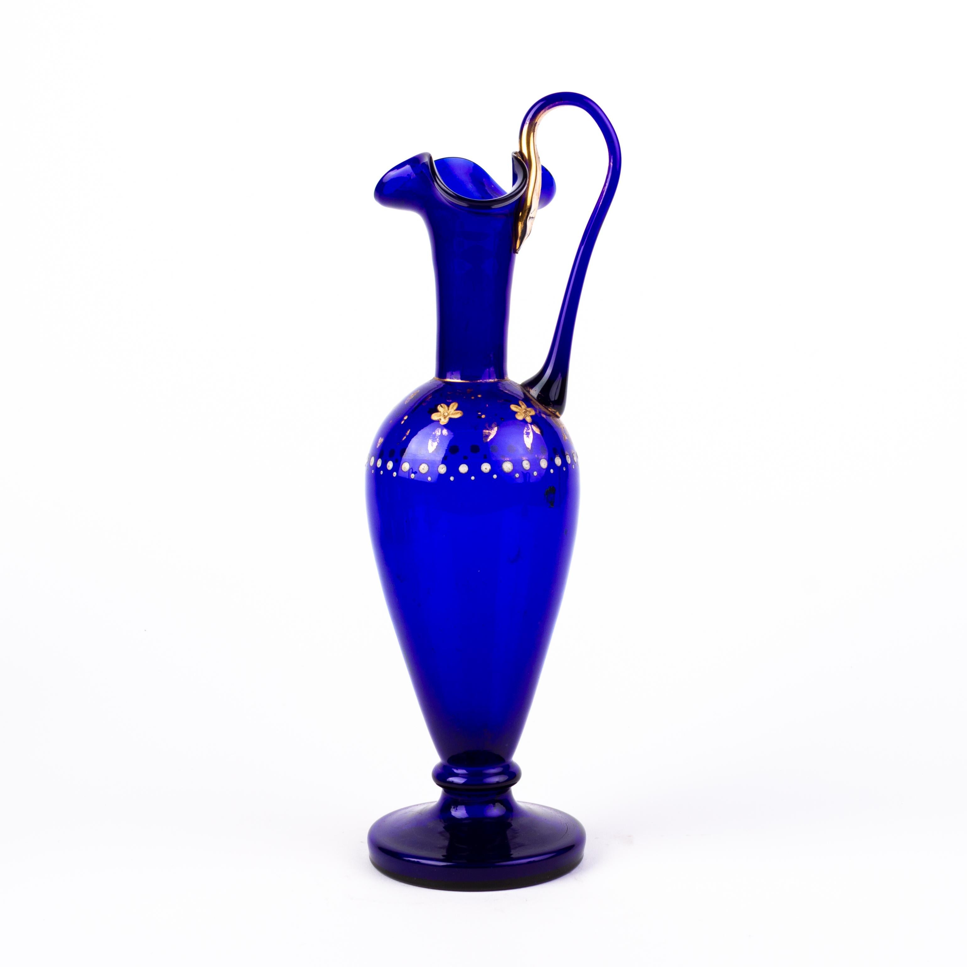 Bristol Blue Victorian Enameled Glass Ewer 19th Century In Good Condition In Nottingham, GB