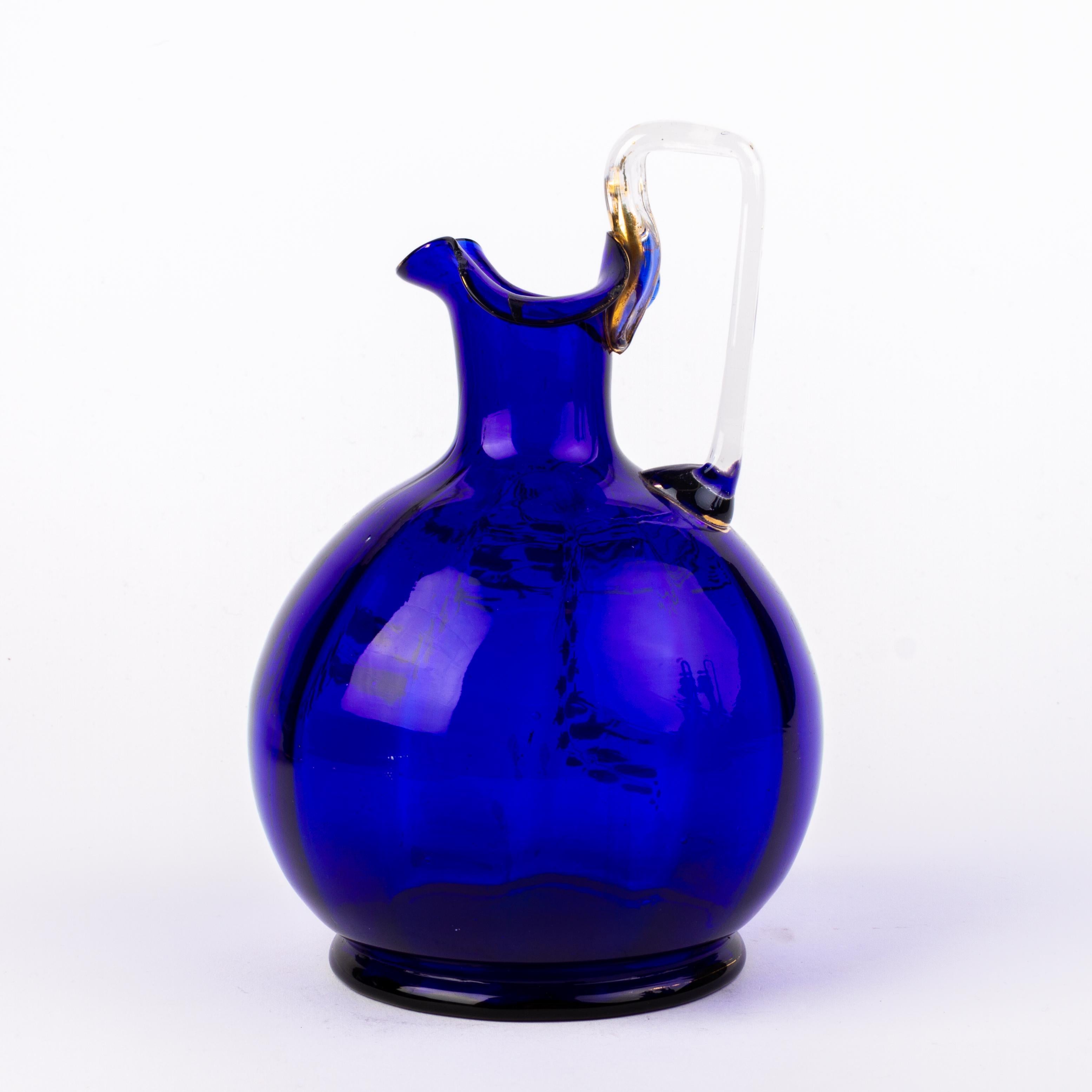 Bristol Blue Victorian Enameled Glass Ewer 19th Century In Good Condition For Sale In Nottingham, GB