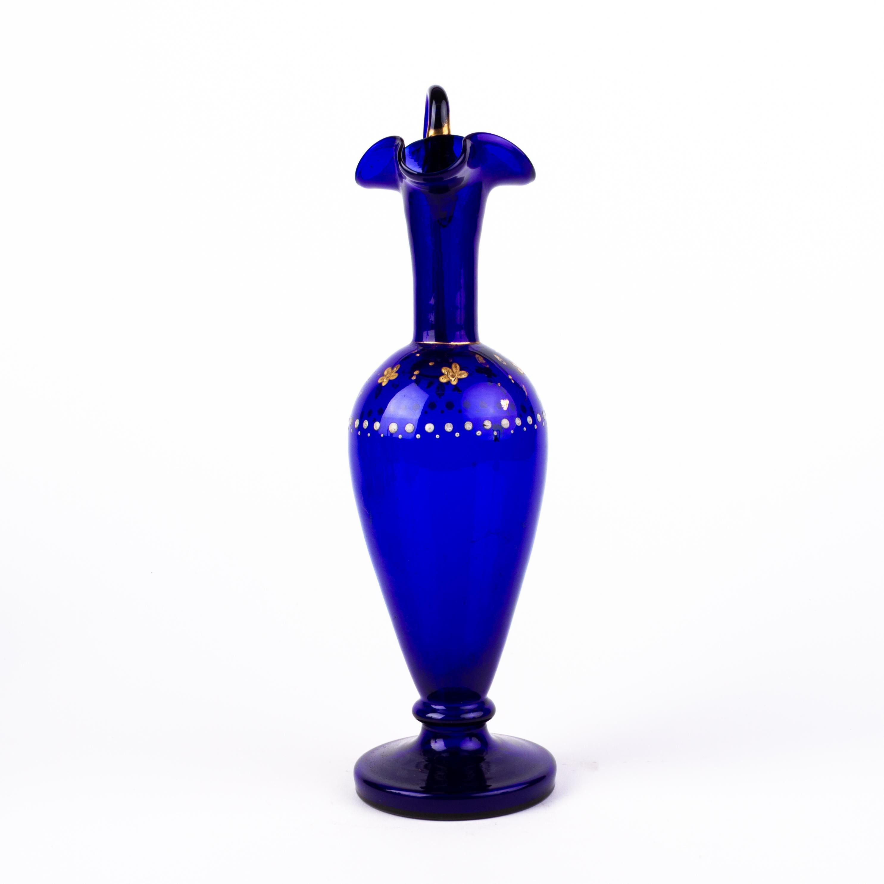 Bristol Blue Victorian Enameled Glass Ewer 19th Century 1