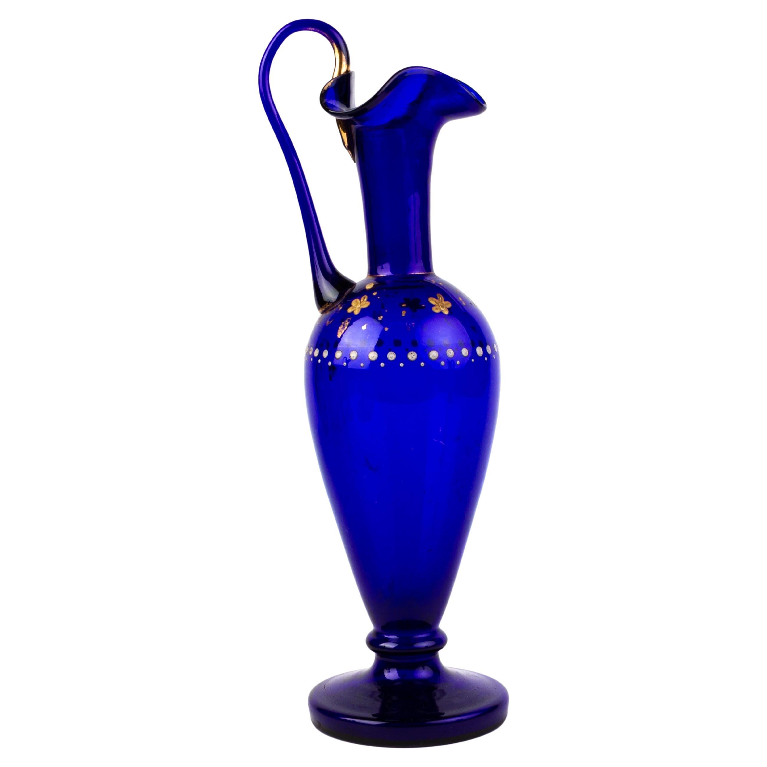 Bristol Blue Victorian Enameled Glass Ewer 19th Century