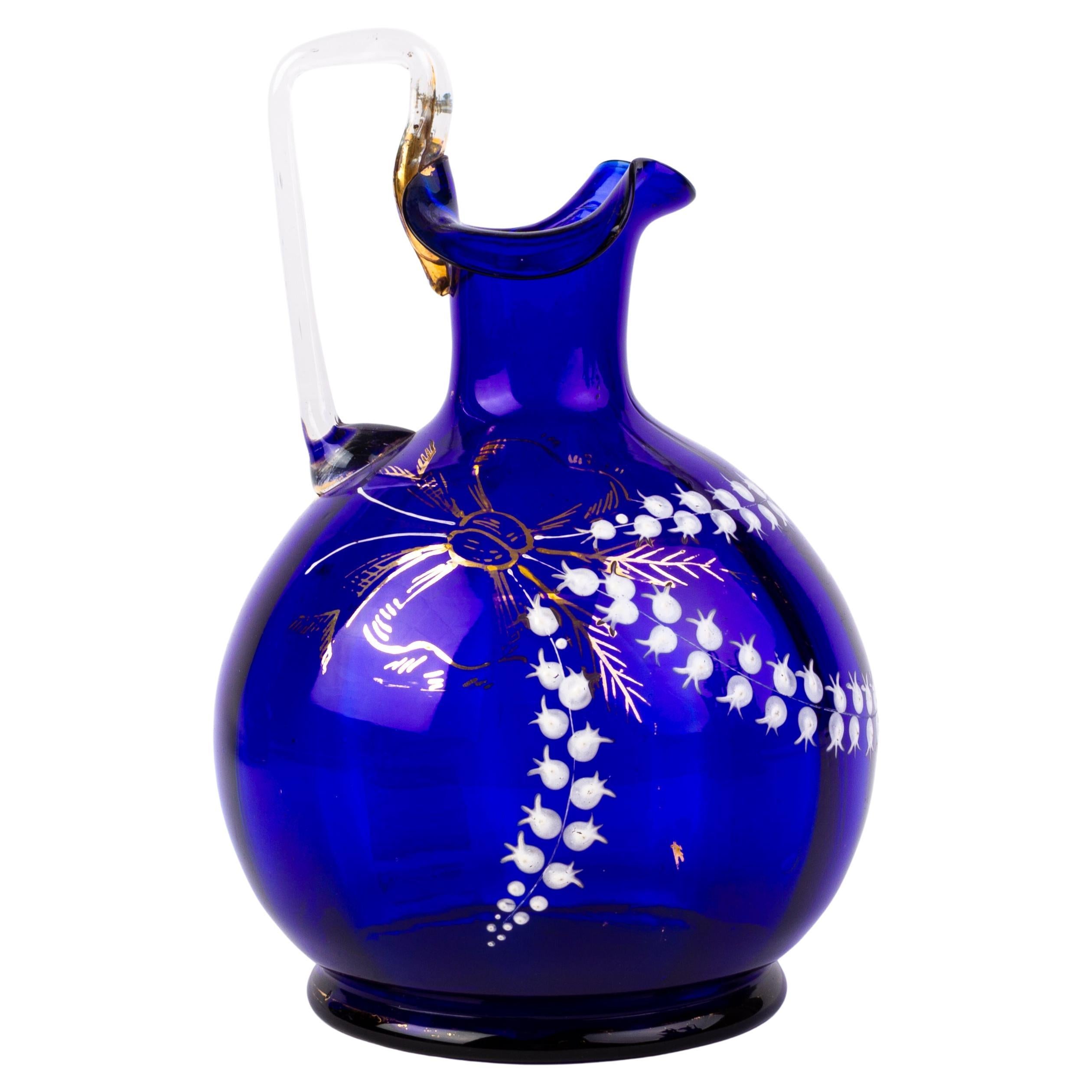 Bristol Blue Victorian Enameled Glass Ewer 19th Century For Sale