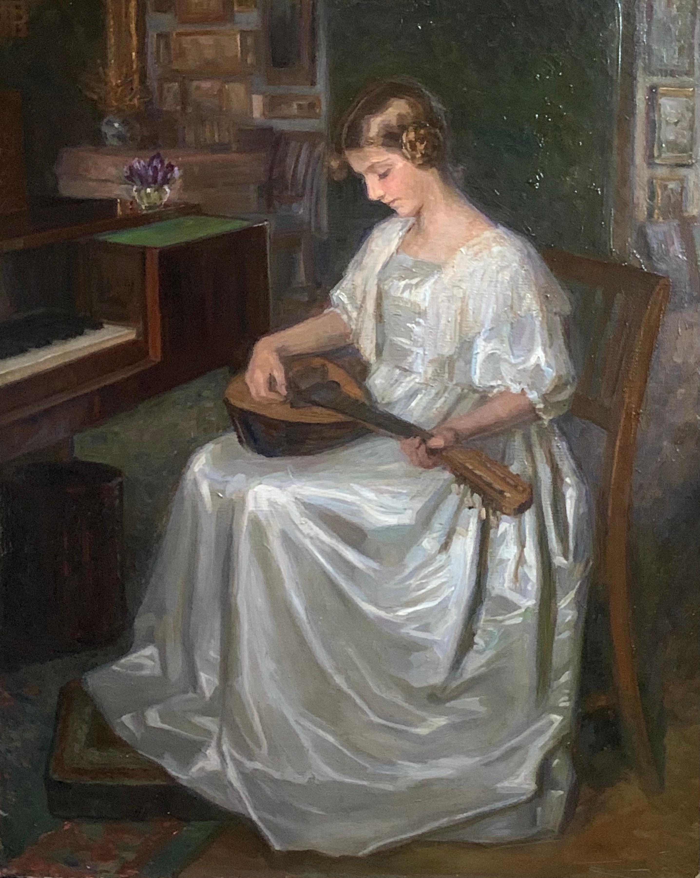 Interior with Mandolin Player, sign. Brita Barnekow , 1913, Danish school  For Sale 2