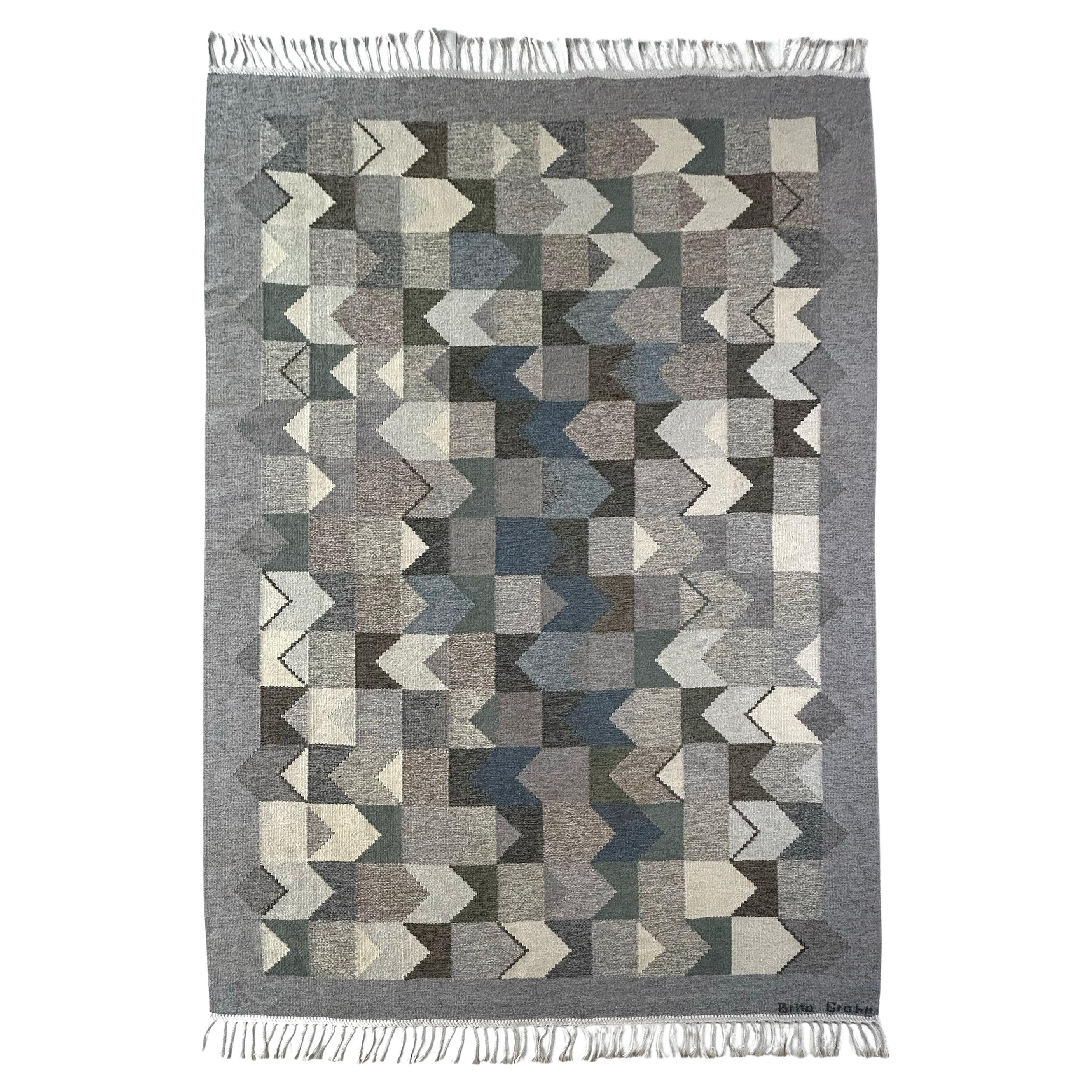 Brita Grahn "Blåvinge grågranit" Flat Weave Rug, Sweden 1965 Signed For Sale