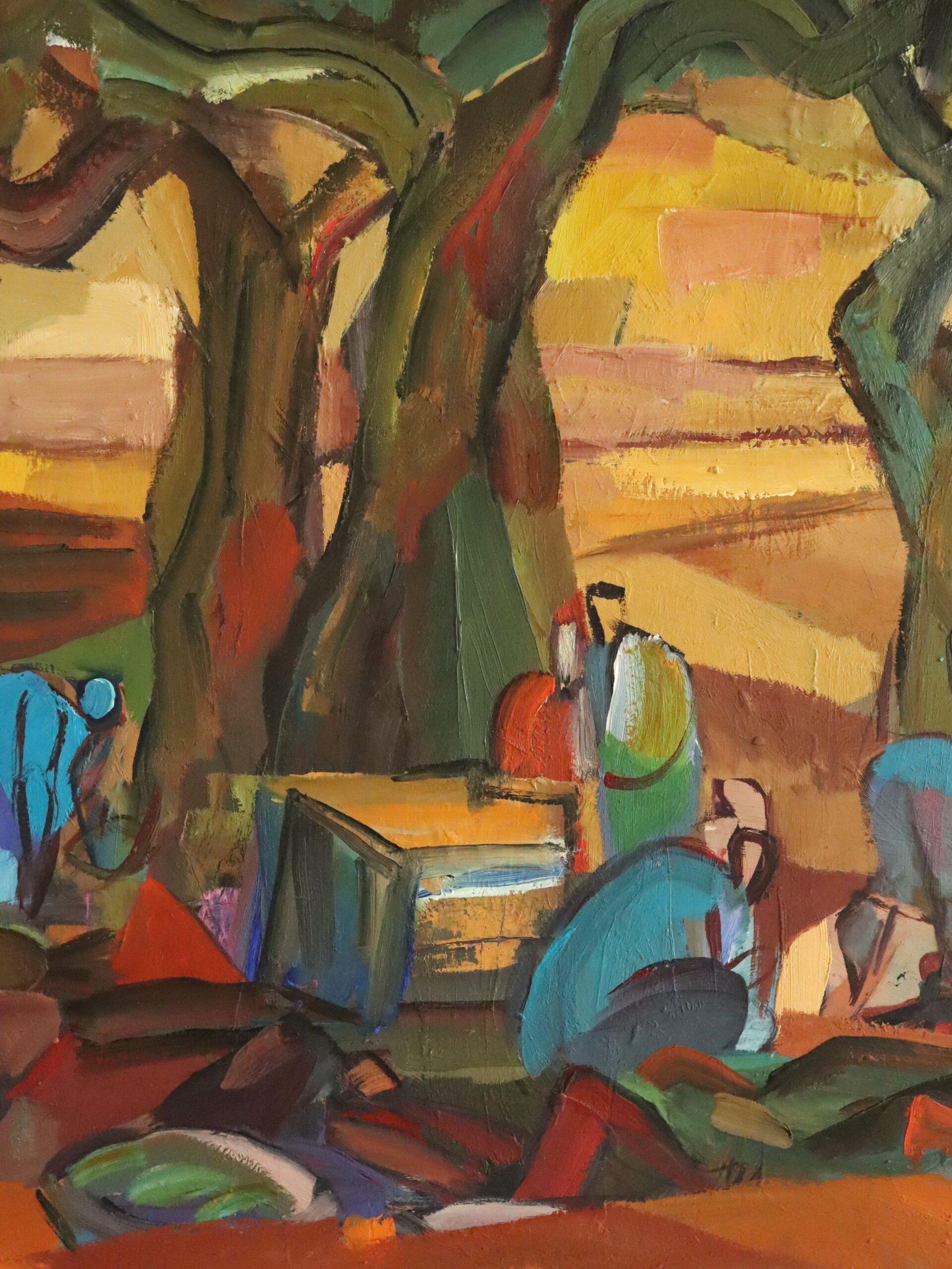 Mid Century Abstract Figurative LandscapeOil Painting - Harvest Under the Canopy For Sale 7