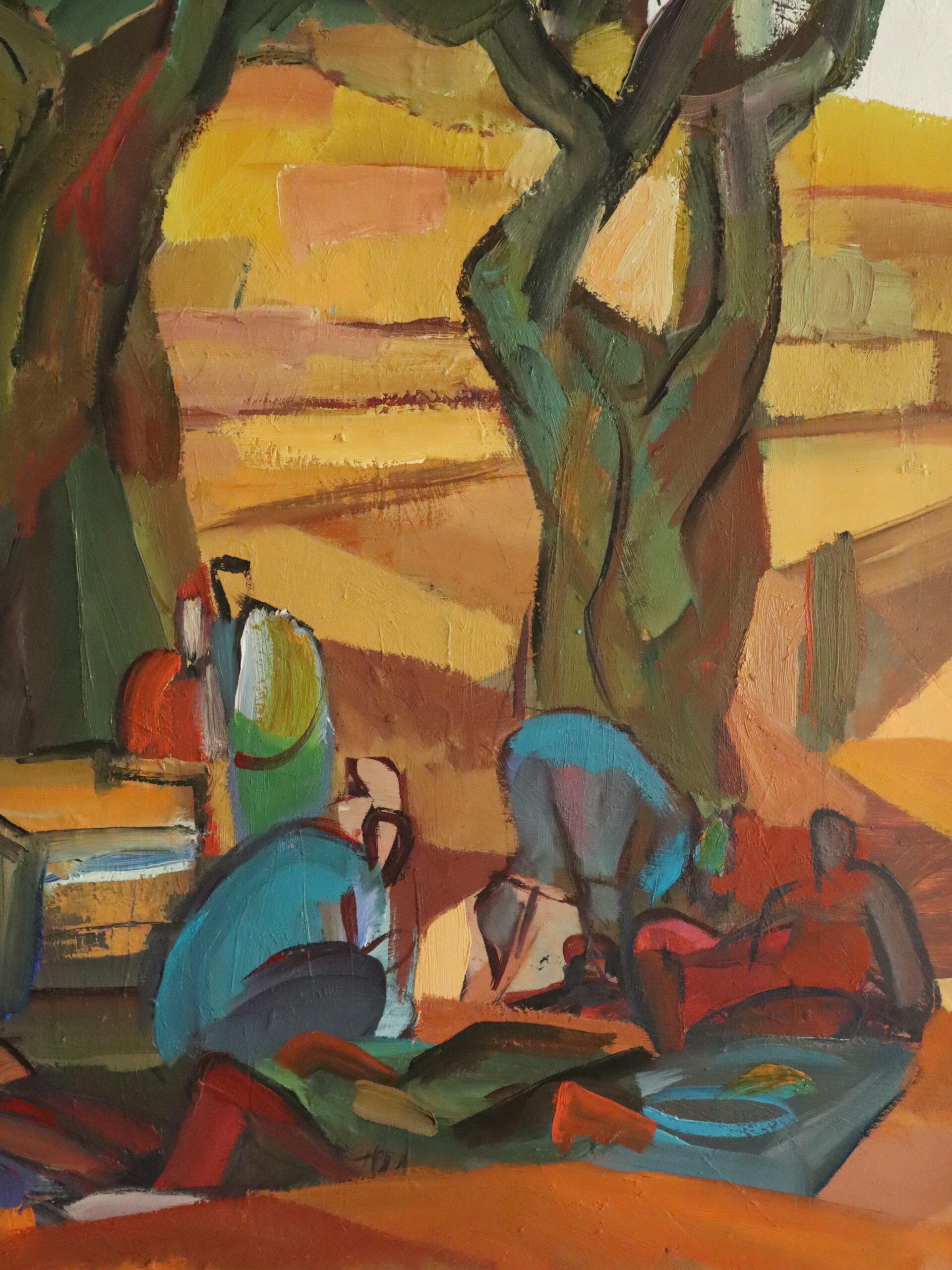 Mid Century Abstract Figurative LandscapeOil Painting - Harvest Under the Canopy For Sale 8