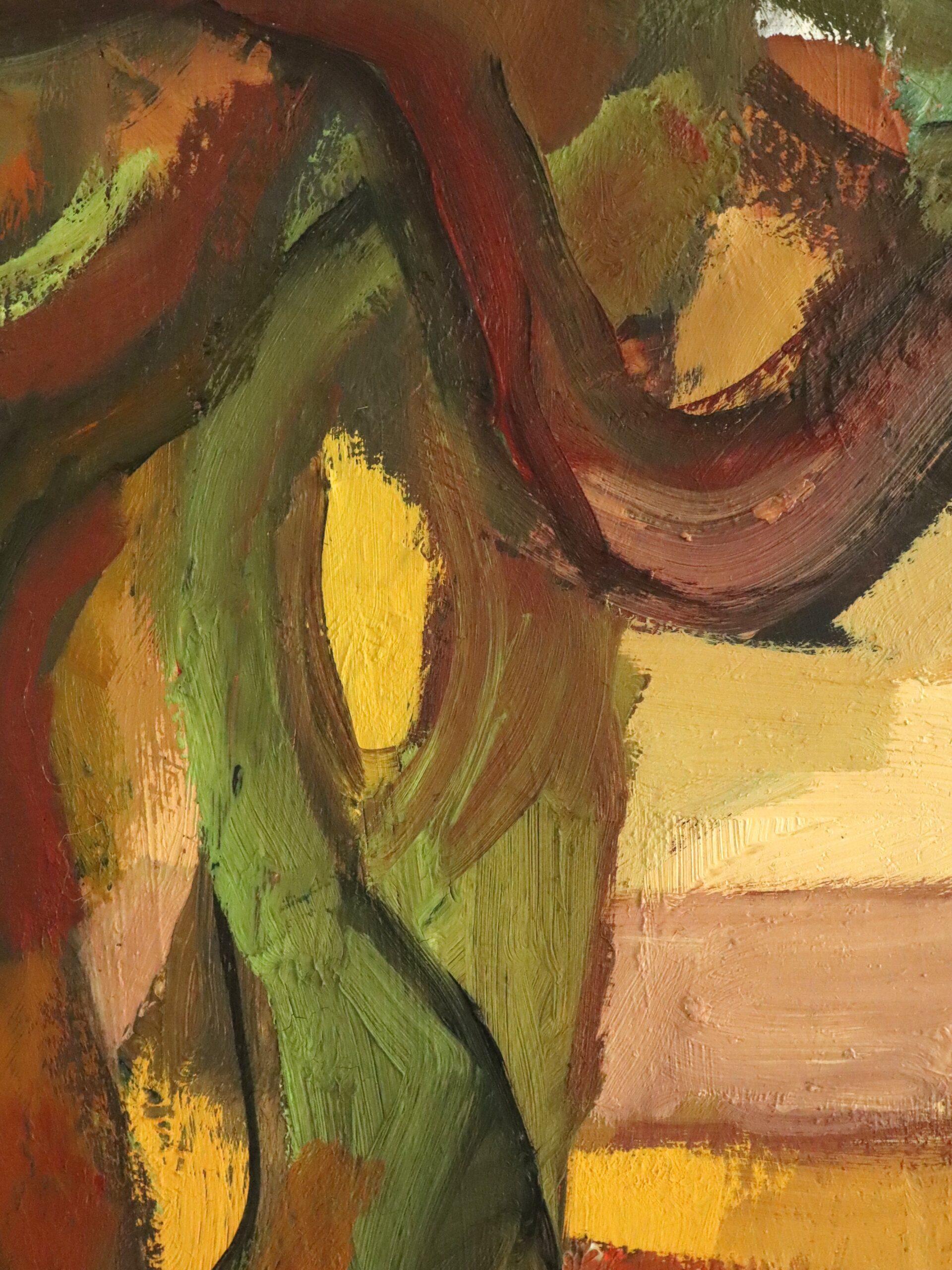Mid Century Abstract Figurative LandscapeOil Painting - Harvest Under the Canopy For Sale 9