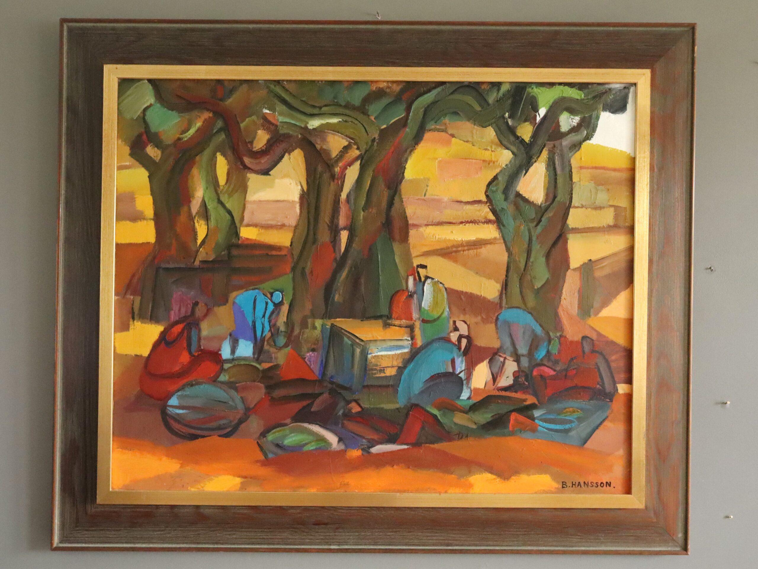 Mid Century Abstract Figurative LandscapeOil Painting - Harvest Under the Canopy - Brown Landscape Painting by Brita Hansson