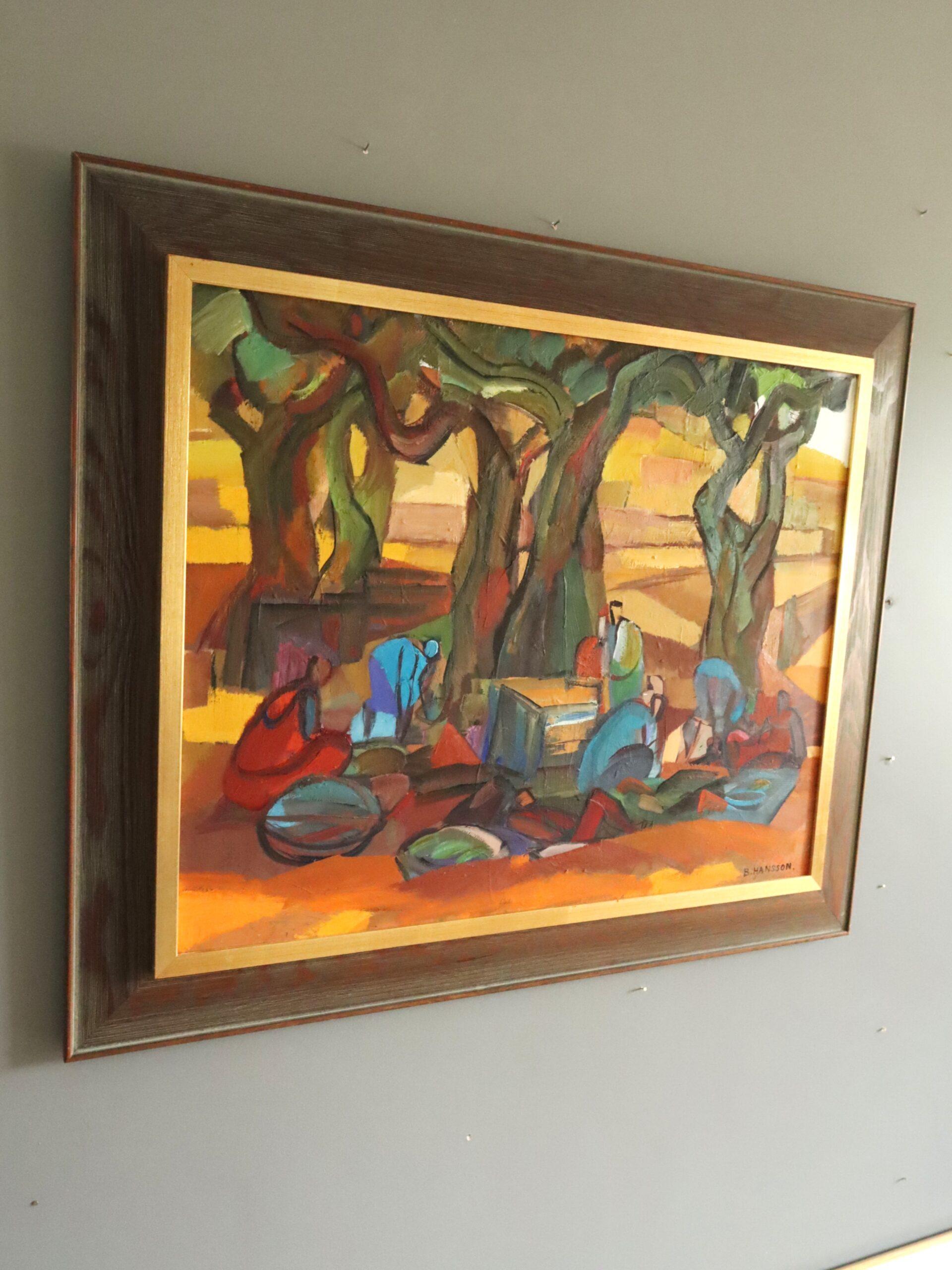 HARVEST UNDER THE CANOPY
Size: 62.5 x 75 cm (including frame)
Oil and gouache on card laid onto board

A rich and striking striking mid-century modernist figurative landscape composition, painted in oil and gouache by the established Swedish female