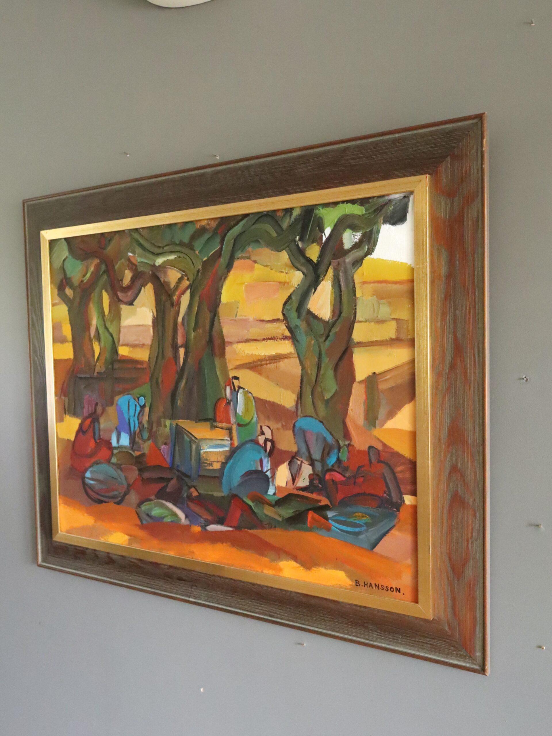 Mid Century Abstract Figurative LandscapeOil Painting - Harvest Under the Canopy For Sale 1