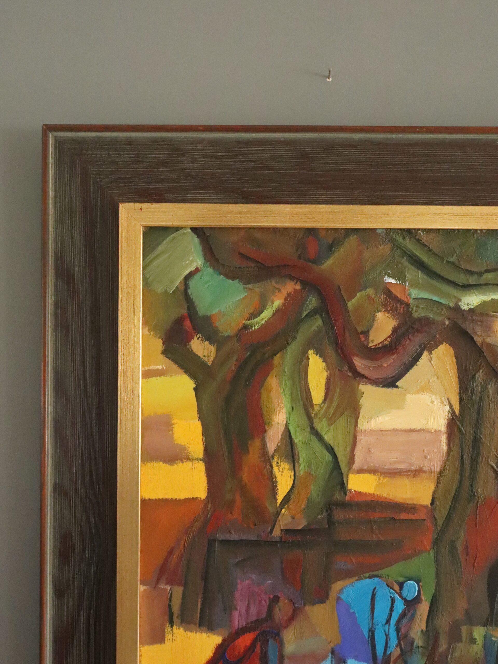 Mid Century Abstract Figurative LandscapeOil Painting - Harvest Under the Canopy For Sale 2