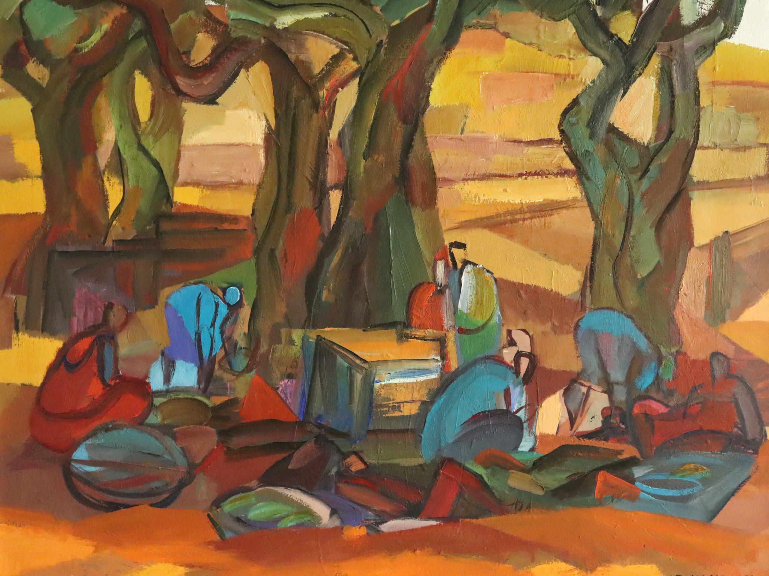 Mid Century Abstract Figurative LandscapeOil Painting - Harvest Under the Canopy For Sale 5
