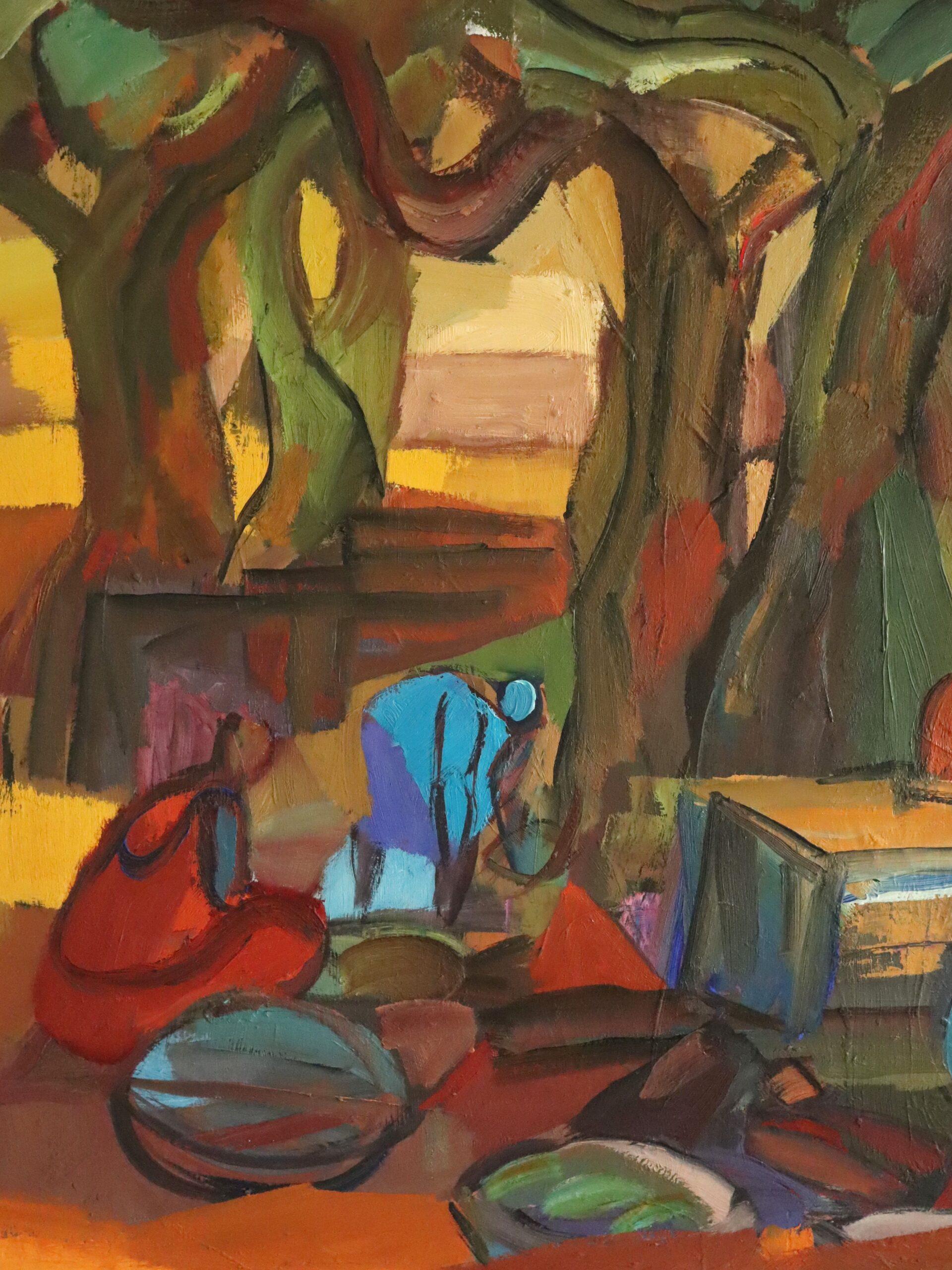 Mid Century Abstract Figurative LandscapeOil Painting - Harvest Under the Canopy For Sale 6
