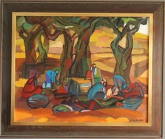 Paesaggio figurativo astratto di metà secoloPittura ad olio - Raccolto sotto la tettoia