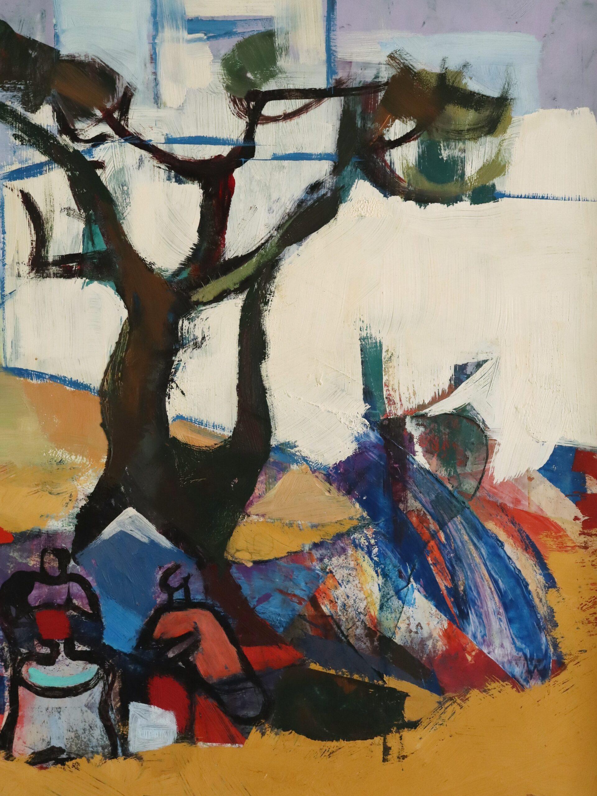 Vintage Mid Century Abstrakte Figurative Ölgemälde - Picknick unter den Kiefern im Angebot 5