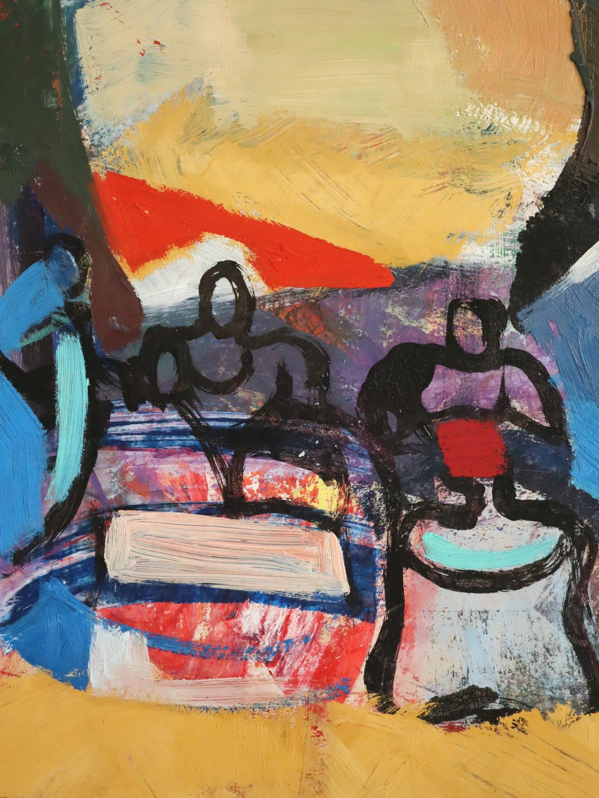 Vintage Mid Century Abstrakte Figurative Ölgemälde - Picknick unter den Kiefern im Angebot 6