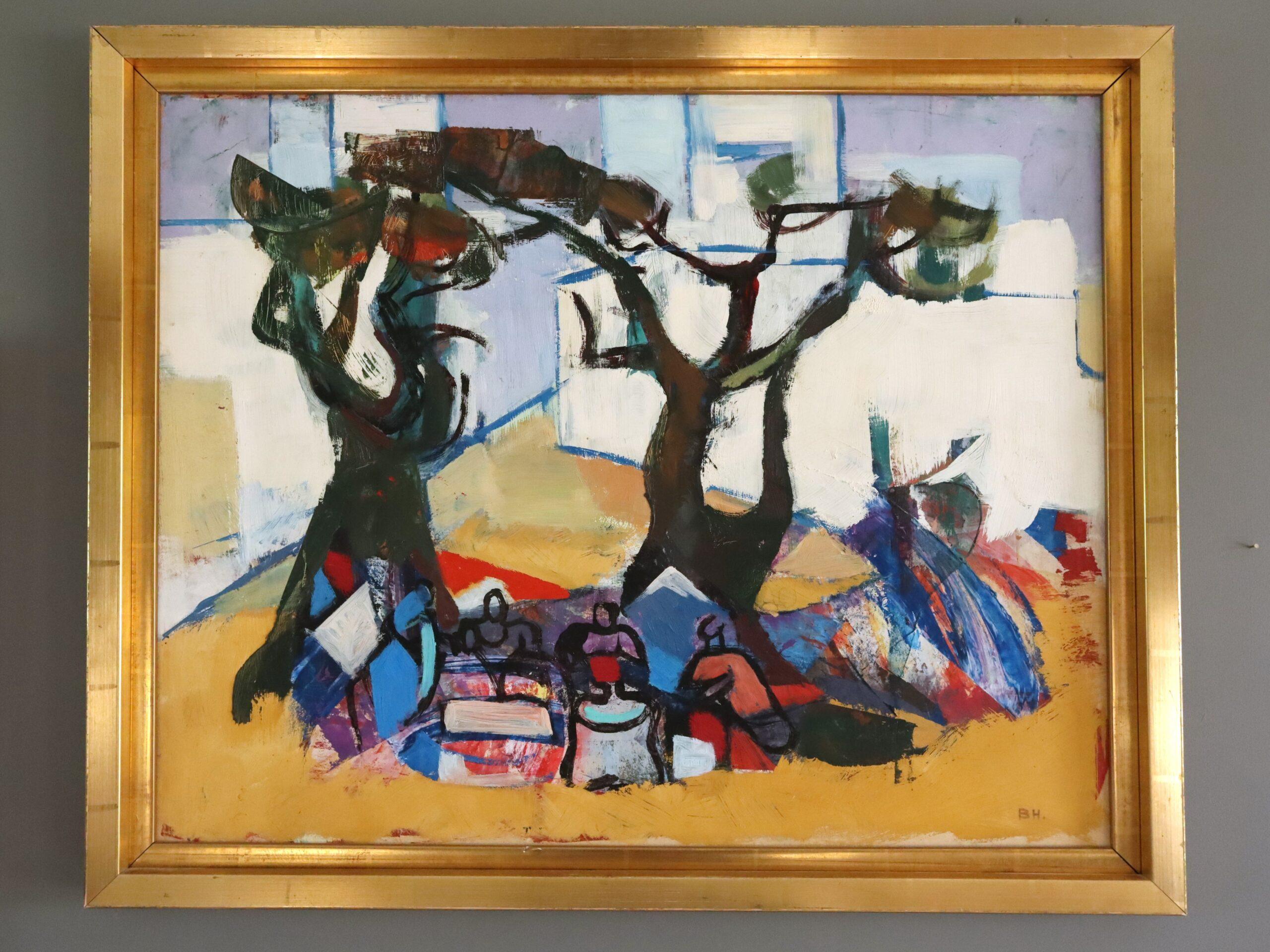 Vintage Mid Century Abstrakte Figurative Ölgemälde - Picknick unter den Kiefern – Painting von Brita Hansson