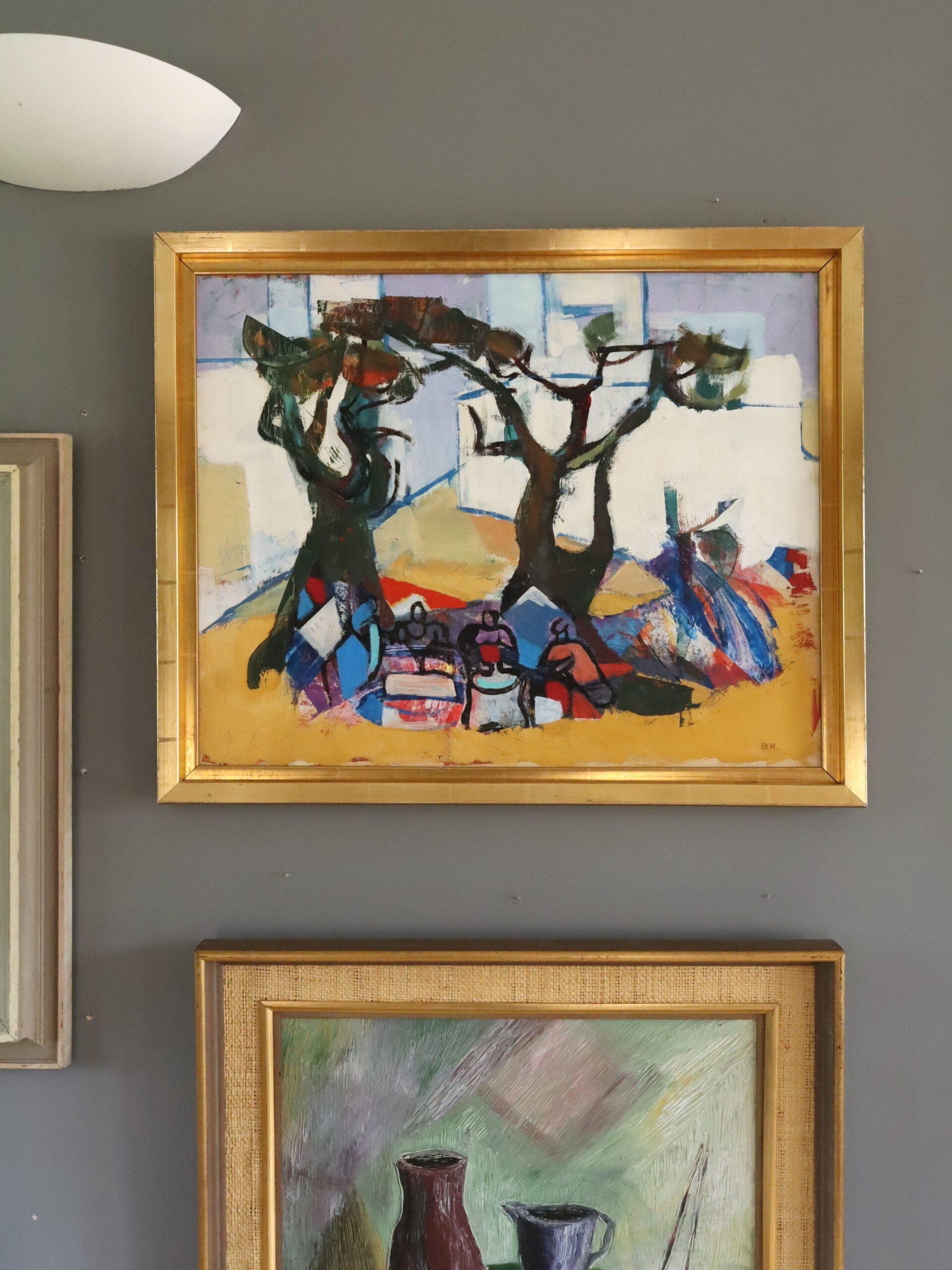 Vintage Mid Century Abstrakte Figurative Ölgemälde - Picknick unter den Kiefern (Abstrakter Expressionismus), Painting, von Brita Hansson