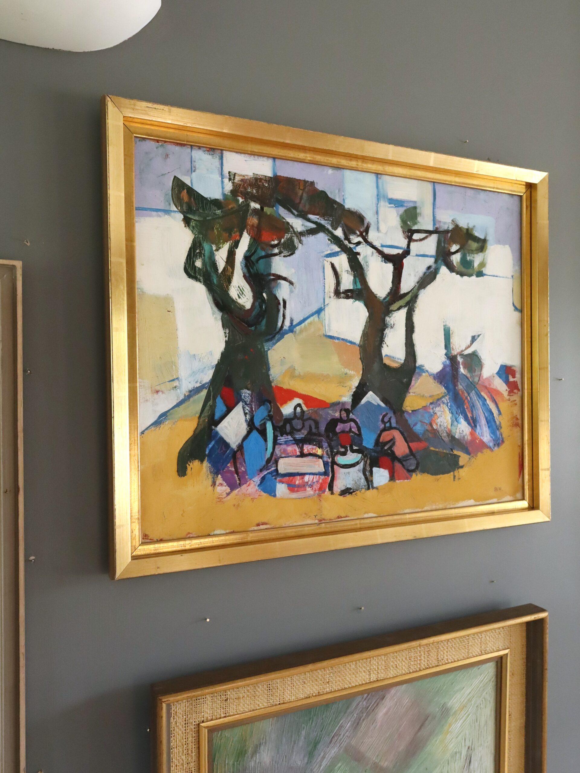 Vintage Mid Century Abstrakte Figurative Ölgemälde - Picknick unter den Kiefern (Braun), Figurative Painting, von Brita Hansson