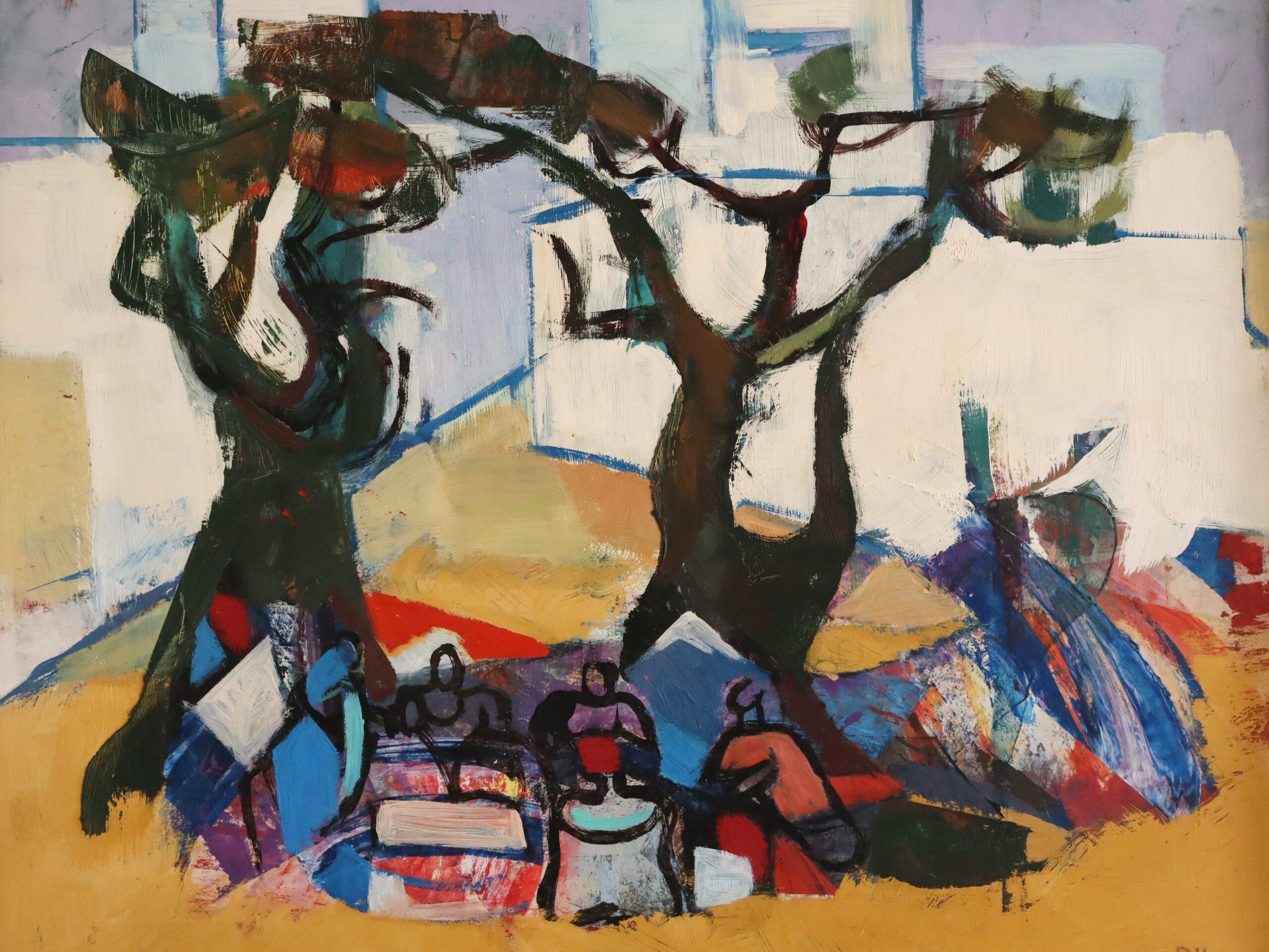 Vintage Mid Century Abstrakte Figurative Ölgemälde - Picknick unter den Kiefern im Angebot 3