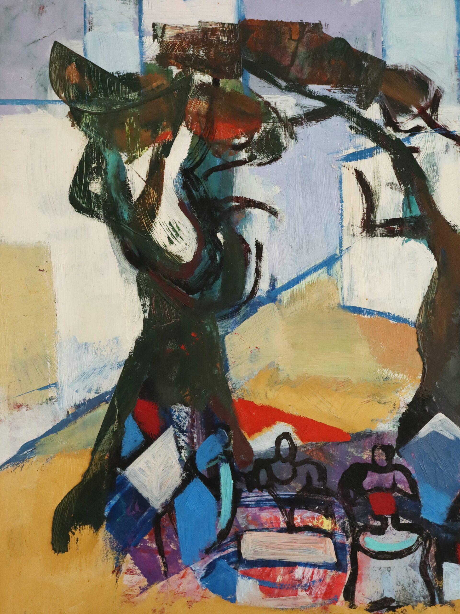 Vintage Mid Century Abstrakte Figurative Ölgemälde - Picknick unter den Kiefern im Angebot 4