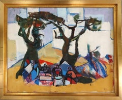 Vintage Mid Century Abstrakte Figurative Ölgemälde - Picknick unter den Kiefern