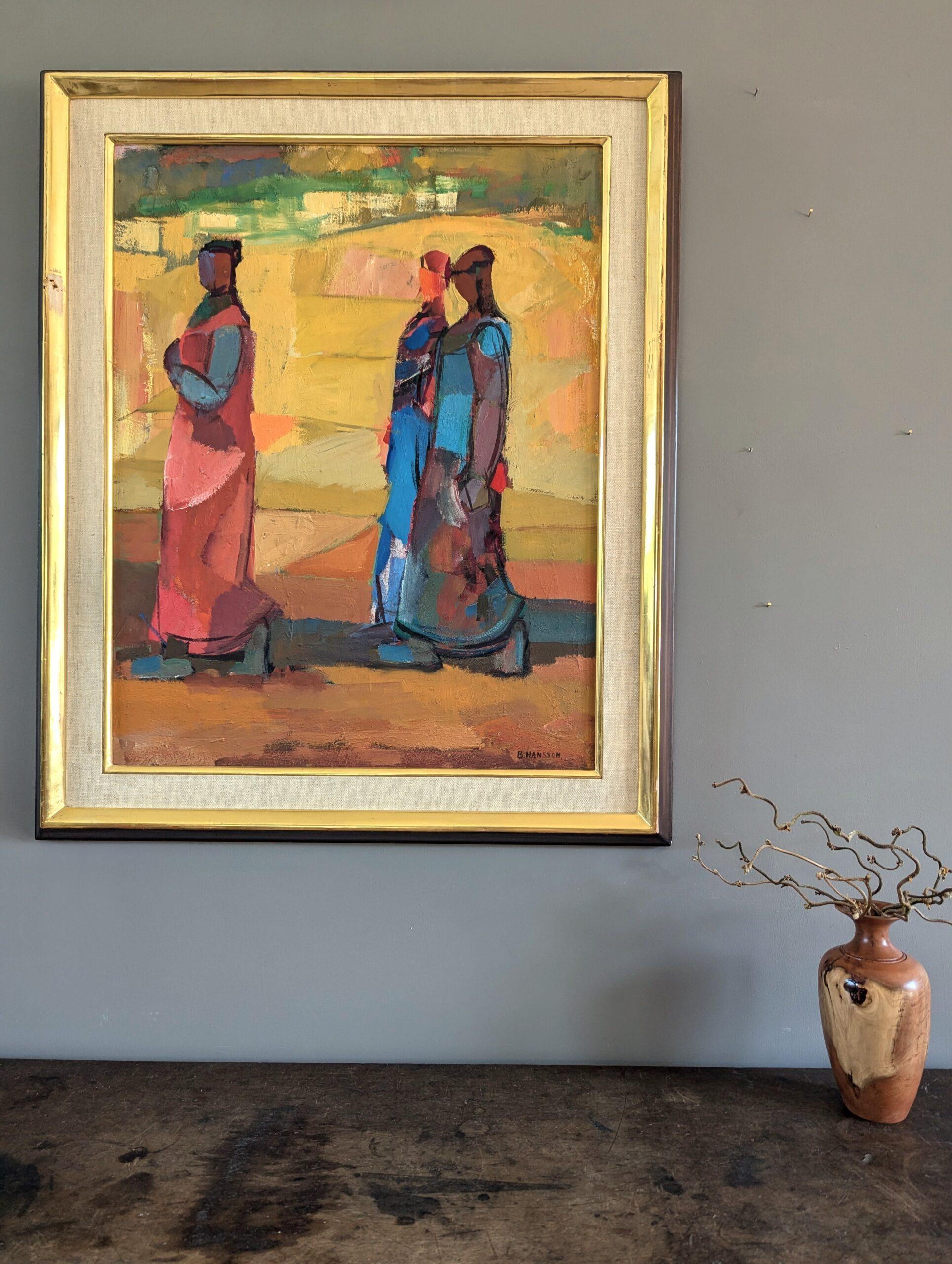 Vintage Mid-Century Modern Abstract Figurative Oil Painting - Walk to Townes - Figurative Painting Marrone di Brita Hansson