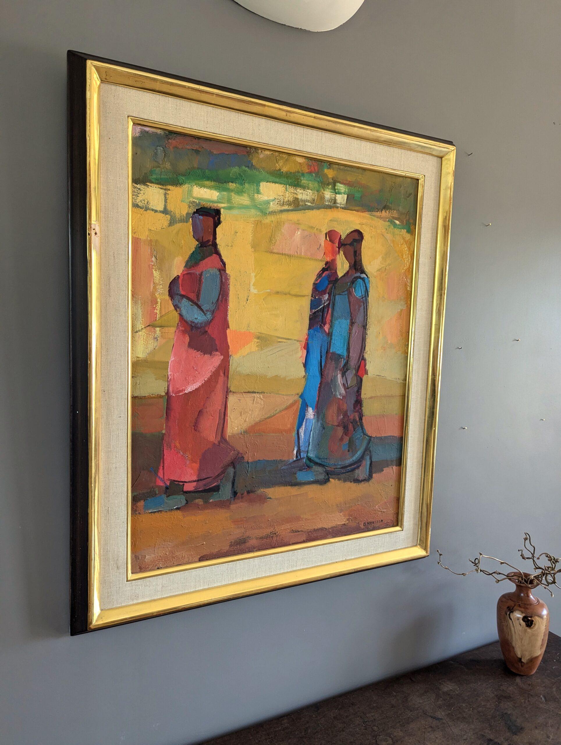 CAMMINARE VERSO LA CITTÀ
Olio su tela
Dimensioni: 80 x 66 cm (cornice inclusa)

Una scena di figura modernista di metà secolo brillantemente eseguita, dipinta a olio su tavola dall'affermata artista svedese Brita Hansson (1918-1979).

In questa