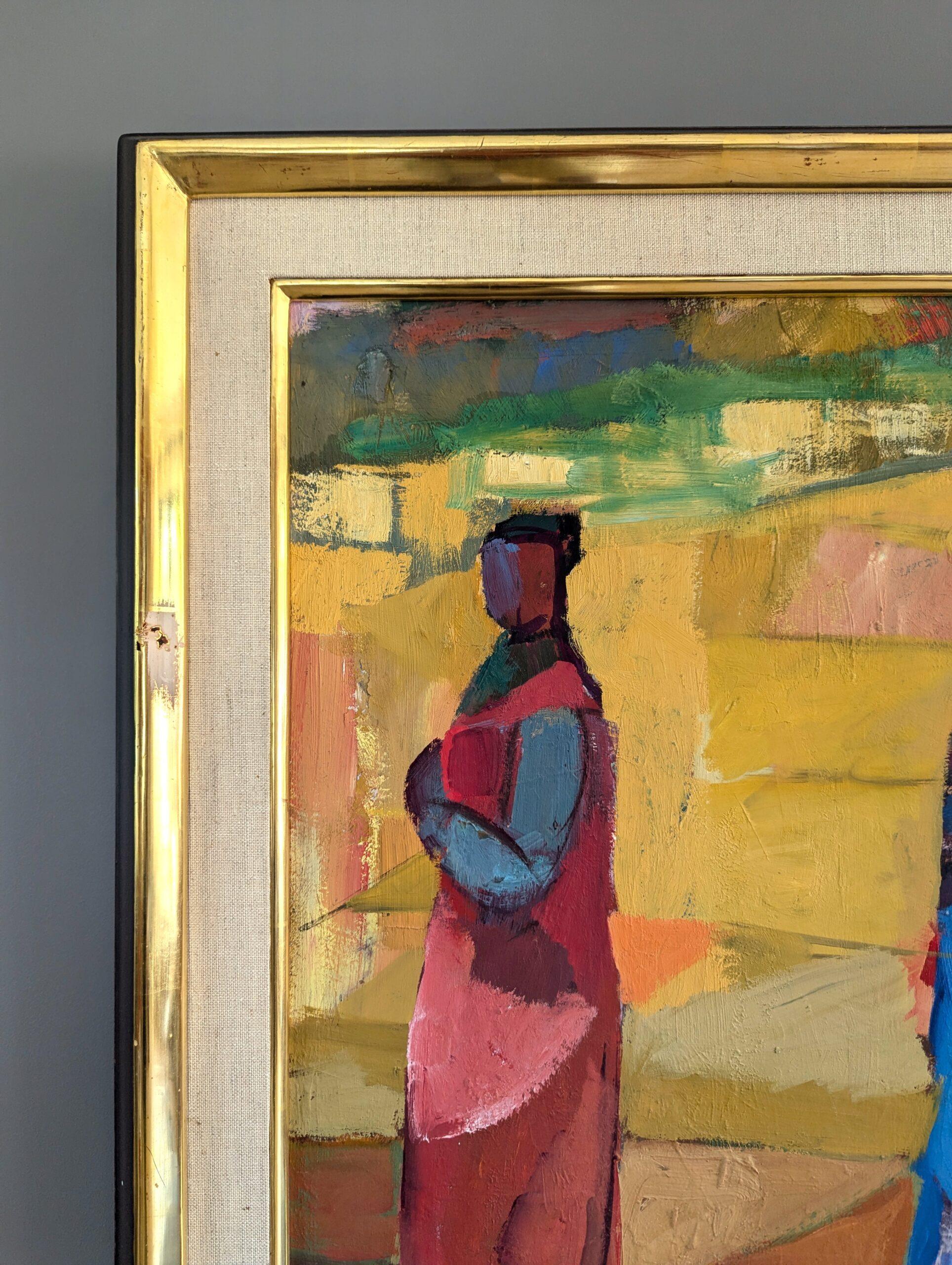 Vintage Mid-Century Modern Abstract Figurative Oil Painting - Walk to Townes 2