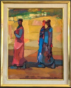 Vintage Mid-Century Modern Abstract Figurative Oil Painting - Walk to Townes