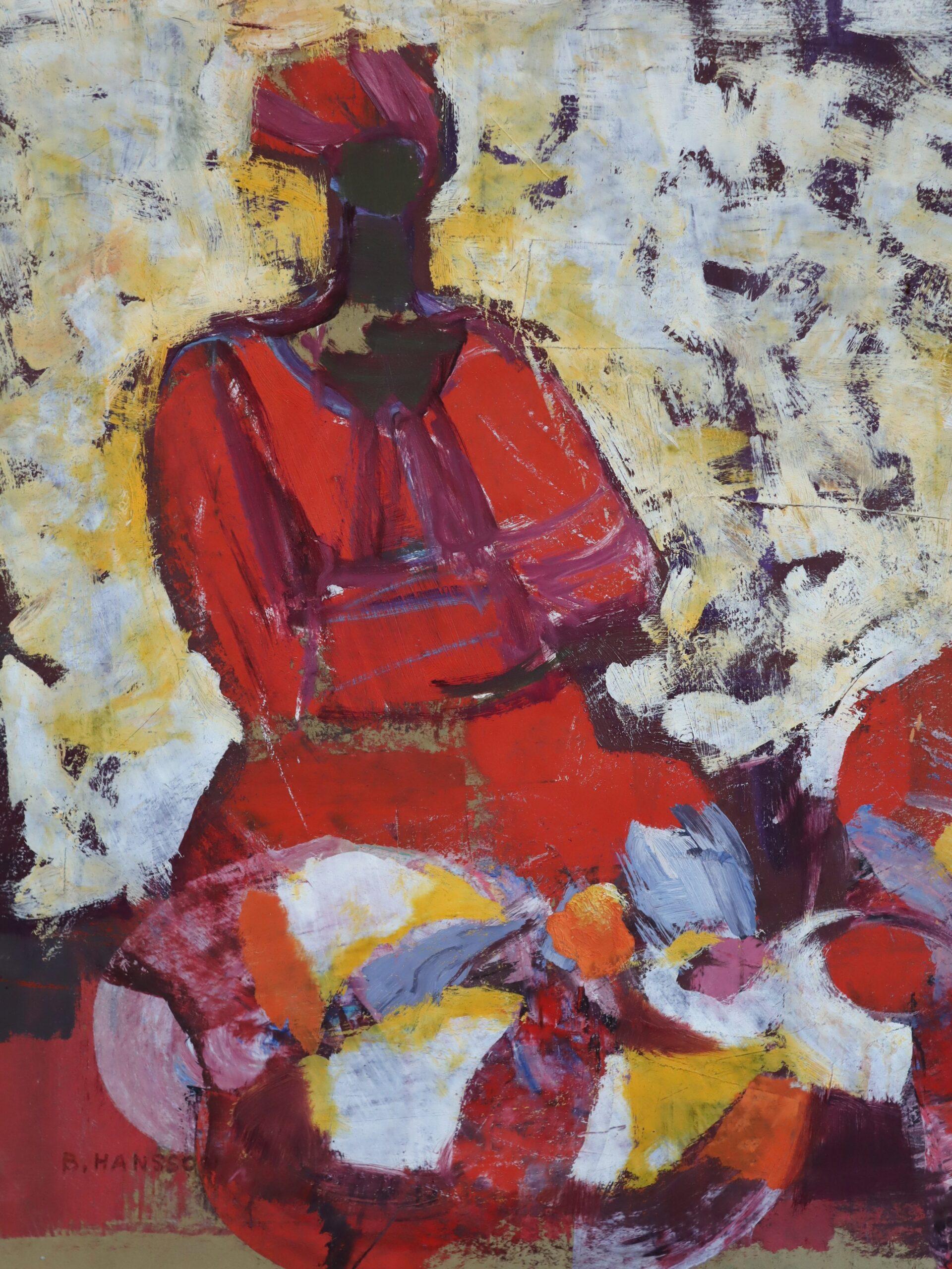 Pintura al óleo figurativa vintage de mediados del siglo XX - Conversación carmesí en venta 5