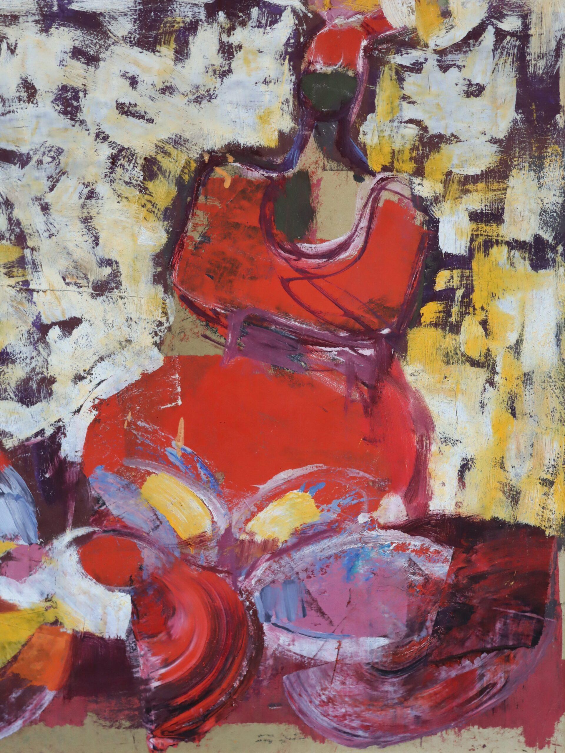 Pintura al óleo figurativa vintage de mediados del siglo XX - Conversación carmesí en venta 6