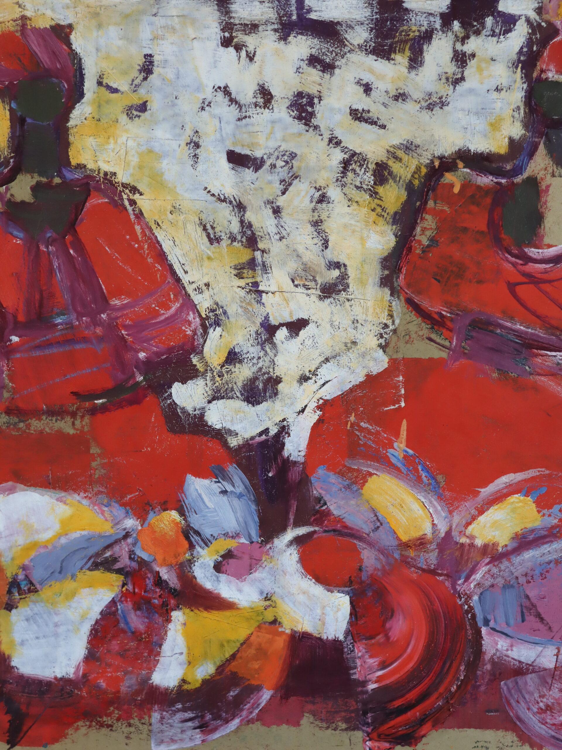 Pintura al óleo figurativa vintage de mediados del siglo XX - Conversación carmesí en venta 7