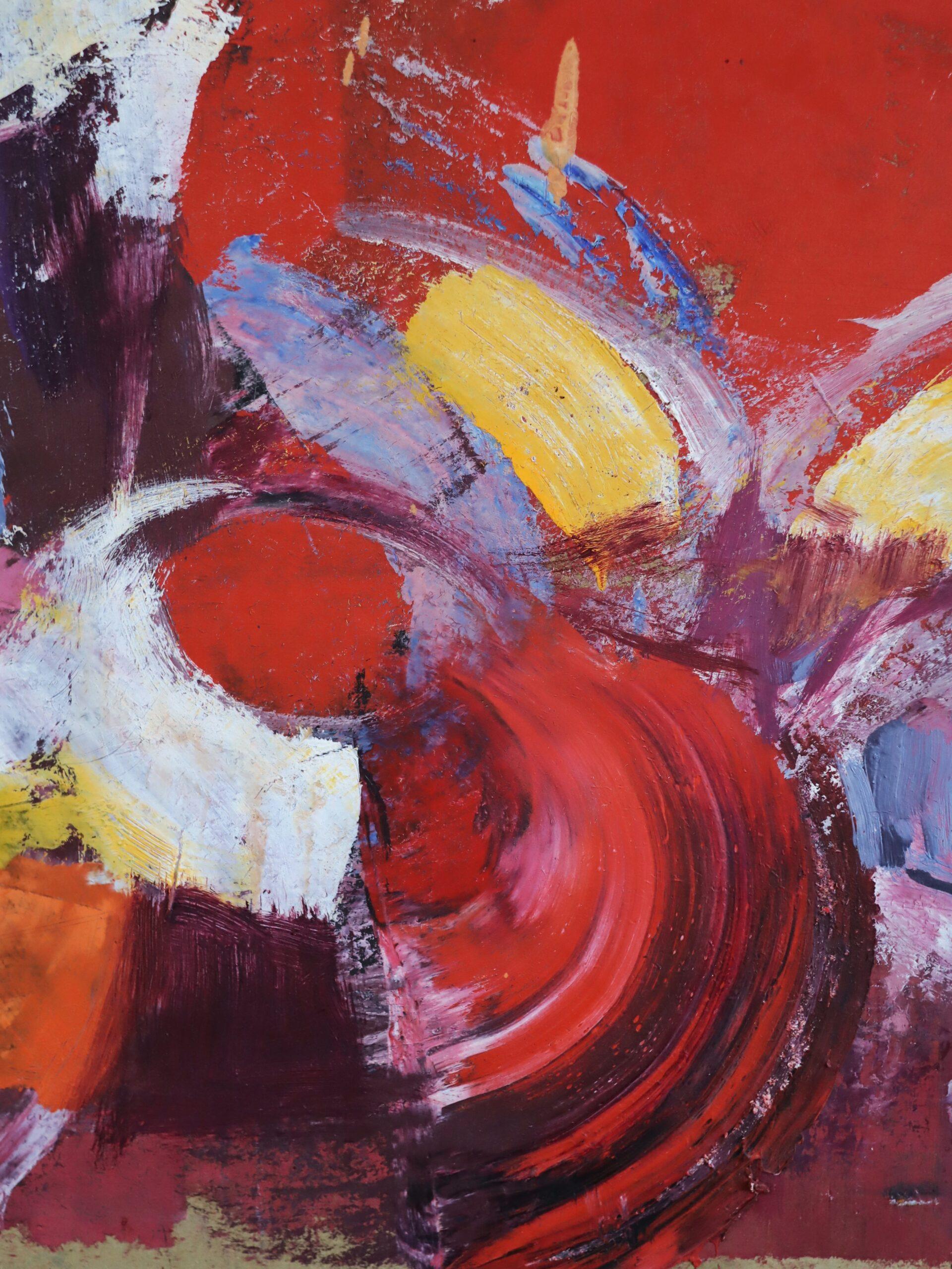 Pintura al óleo figurativa vintage de mediados del siglo XX - Conversación carmesí en venta 8