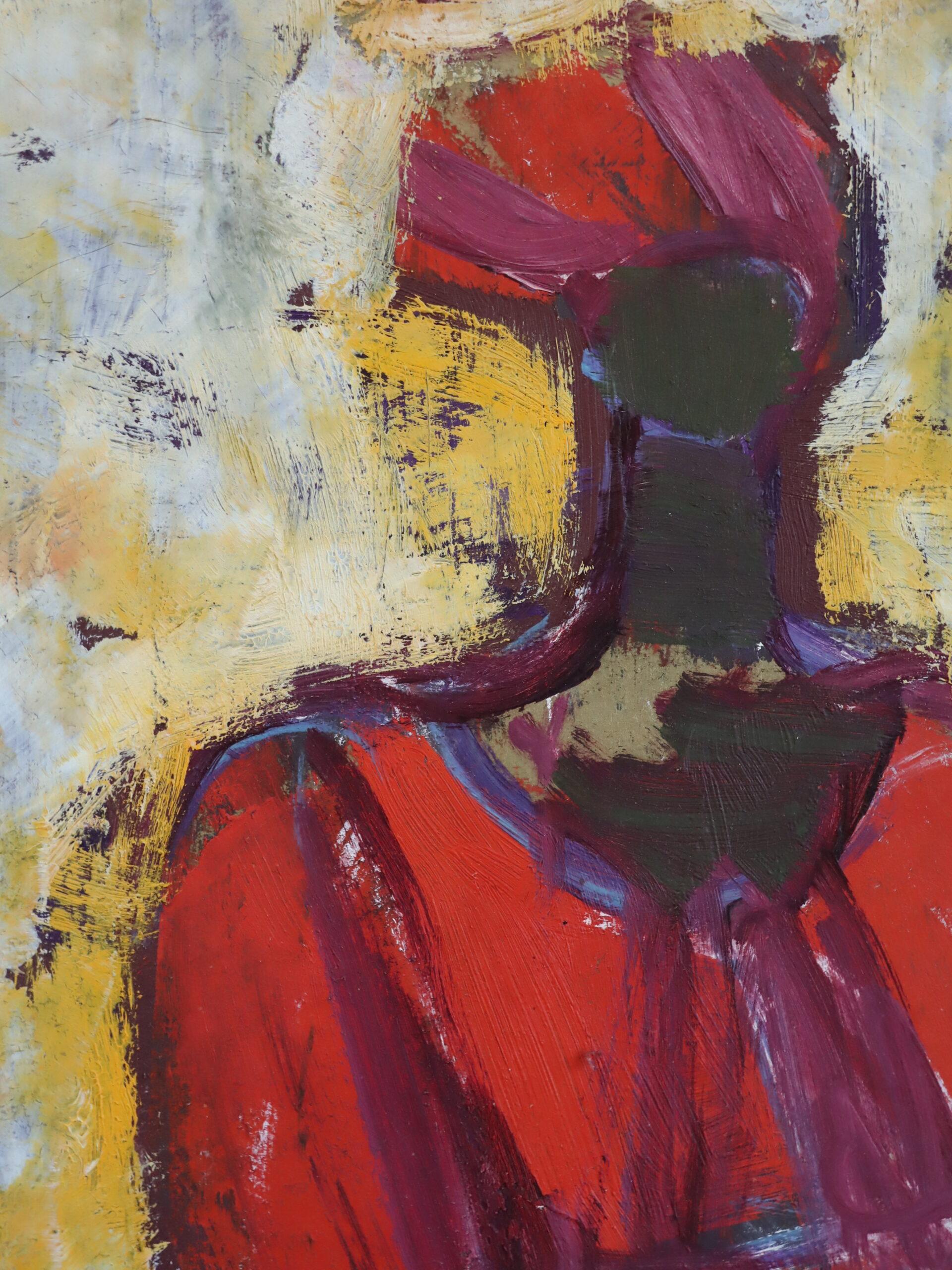 Pintura al óleo figurativa vintage de mediados del siglo XX - Conversación carmesí en venta 9
