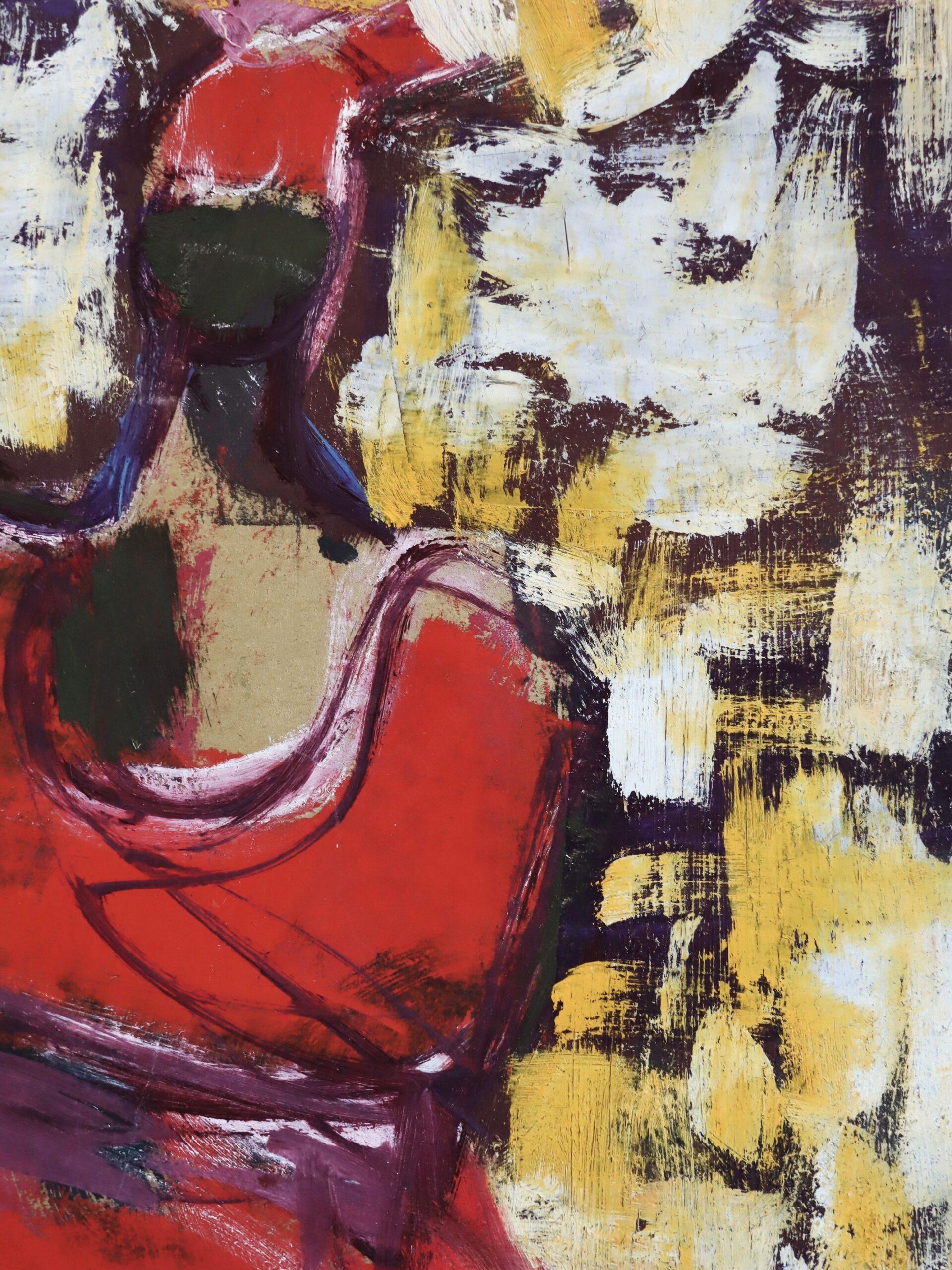 Pintura al óleo figurativa vintage de mediados del siglo XX - Conversación carmesí en venta 10