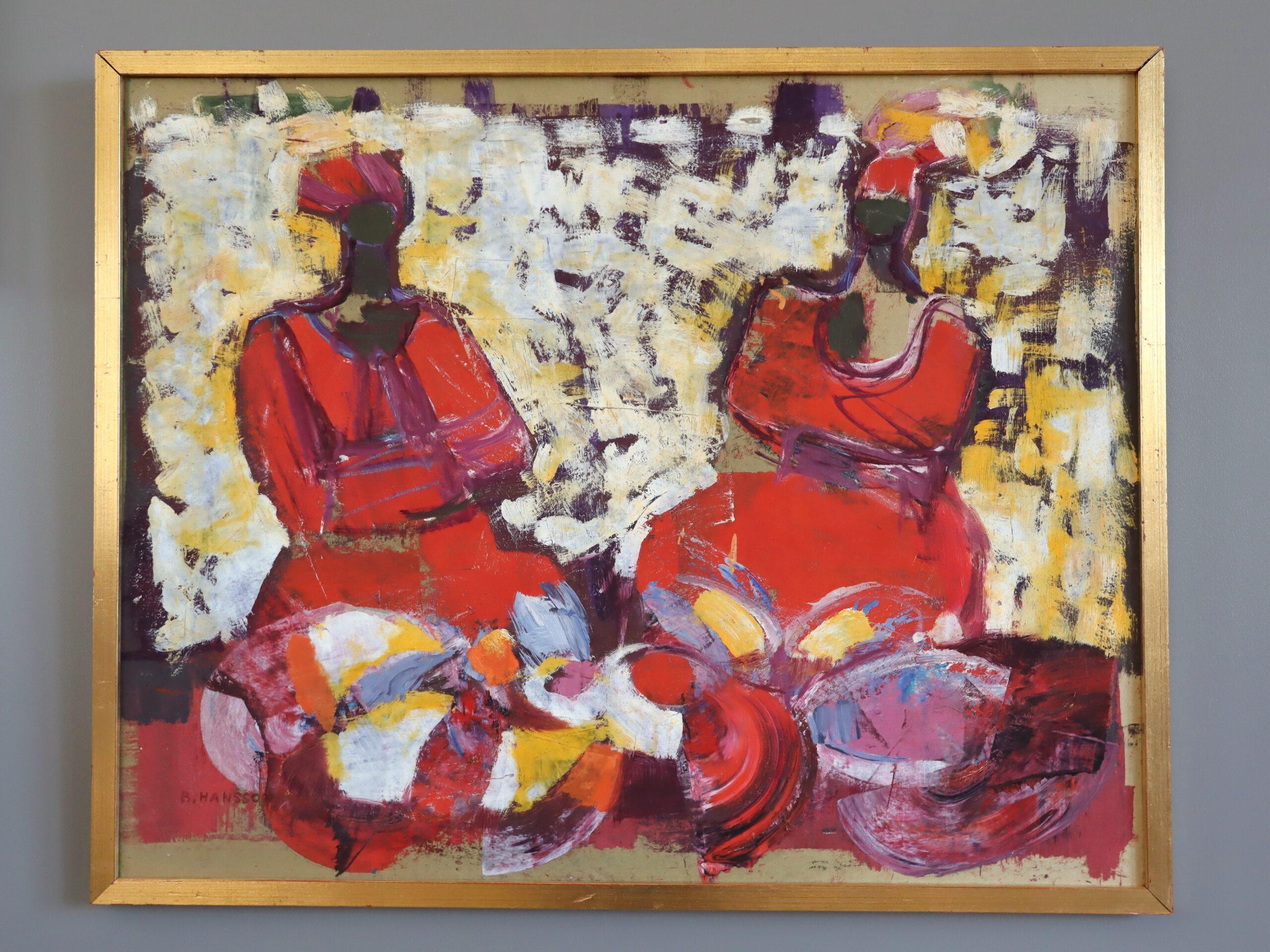 Pintura al óleo figurativa vintage de mediados del siglo XX - Conversación carmesí - Painting de Brita Hansson